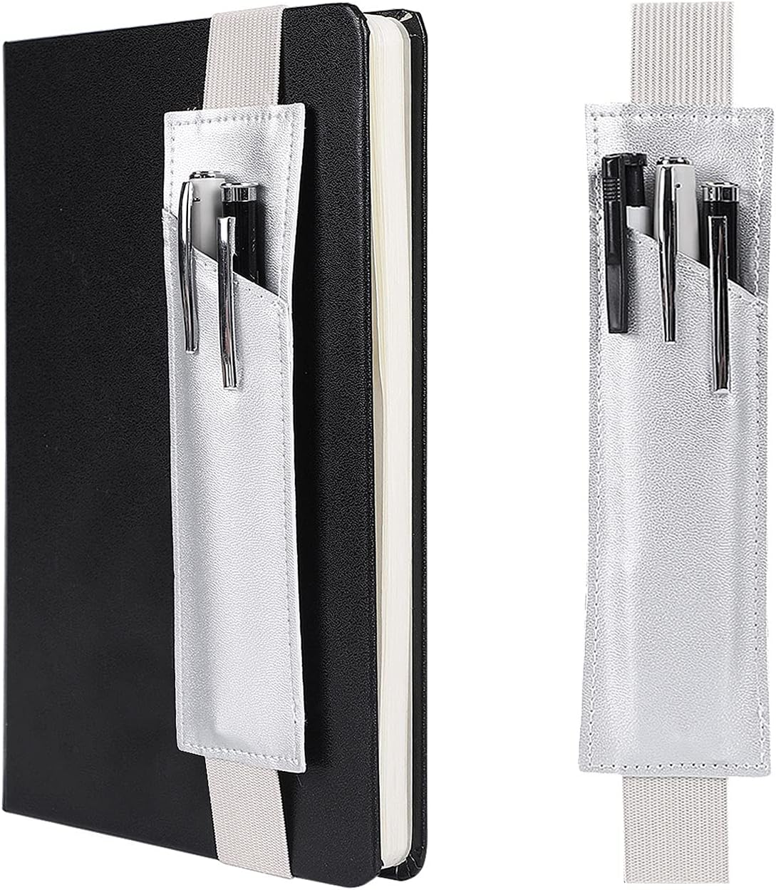 GNEGNI 2-Pack Leather Adjustable Elastic Band Pen Holder, Pencil Holder, Pen Sleeve Pouch, Pen Case for Hardcover Notebooks, Journals, Planners, Suitable for Heights from 8" to 11.5"(Shine Sliver)