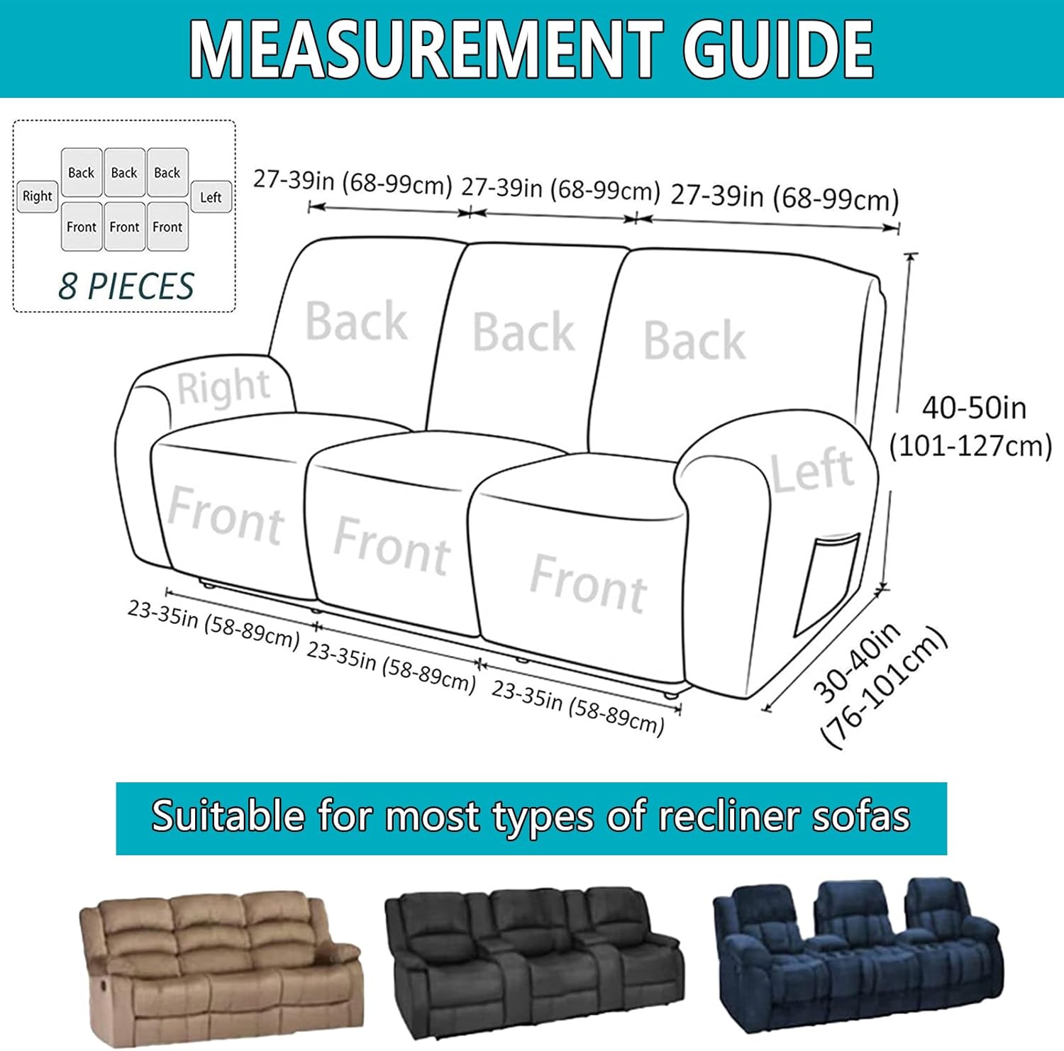 Stretch Recliner Sofa Covers 8-Pieces, 3 Seater Sofa Chair Slipcovers, Reclining Couch Covers Armchair Covers with Side Pocket (Wine Red,3 Seater)