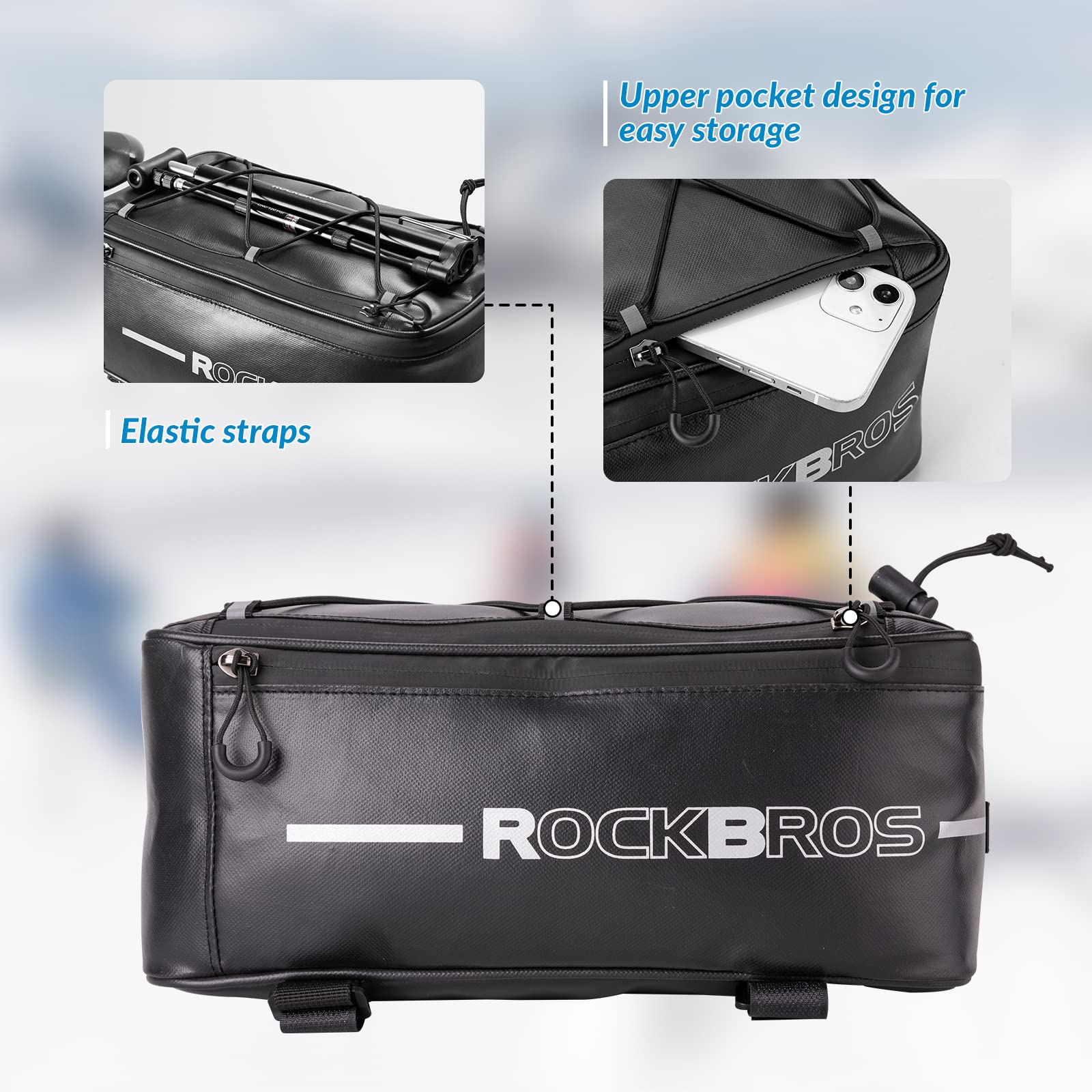 ROCKBROS Torba Rowerowa na Bgażnik, Duża Pojemność 4L-9L, z Osłoną Przeciwdeszczową, Wodoodporna, Odblaskowa, Stablina, Łatwa w Montażu, Uniwersalna, do Większości Bagażników Rowerowych