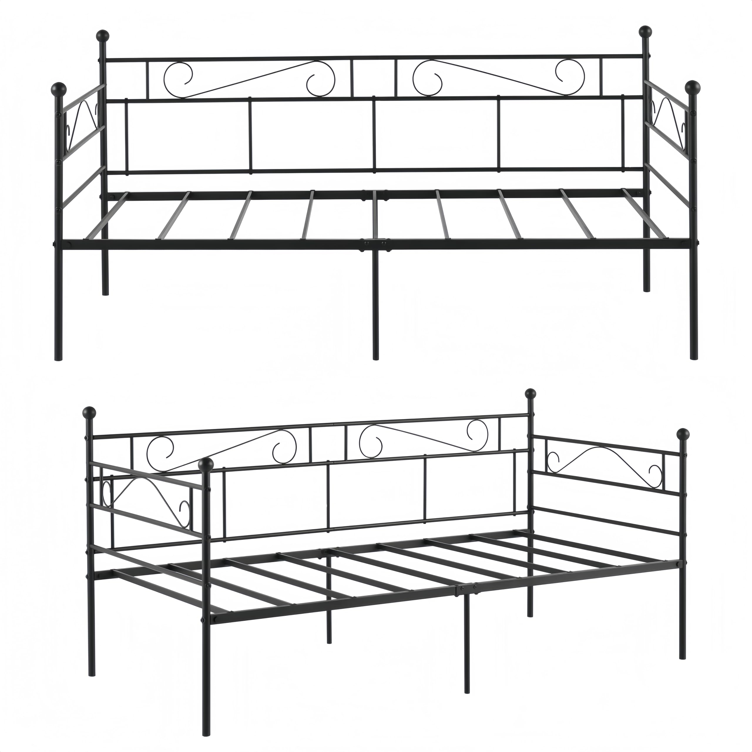 Tagesbett Metallbett Bettgestell 90x190 cm,Einzelbetten,Daybed mit edlen Mustern,Bett mit Stauraum,Gästebett Jugendbett Bettsofa für Schlafzimmer Wohnzimmer passend,Schwarz