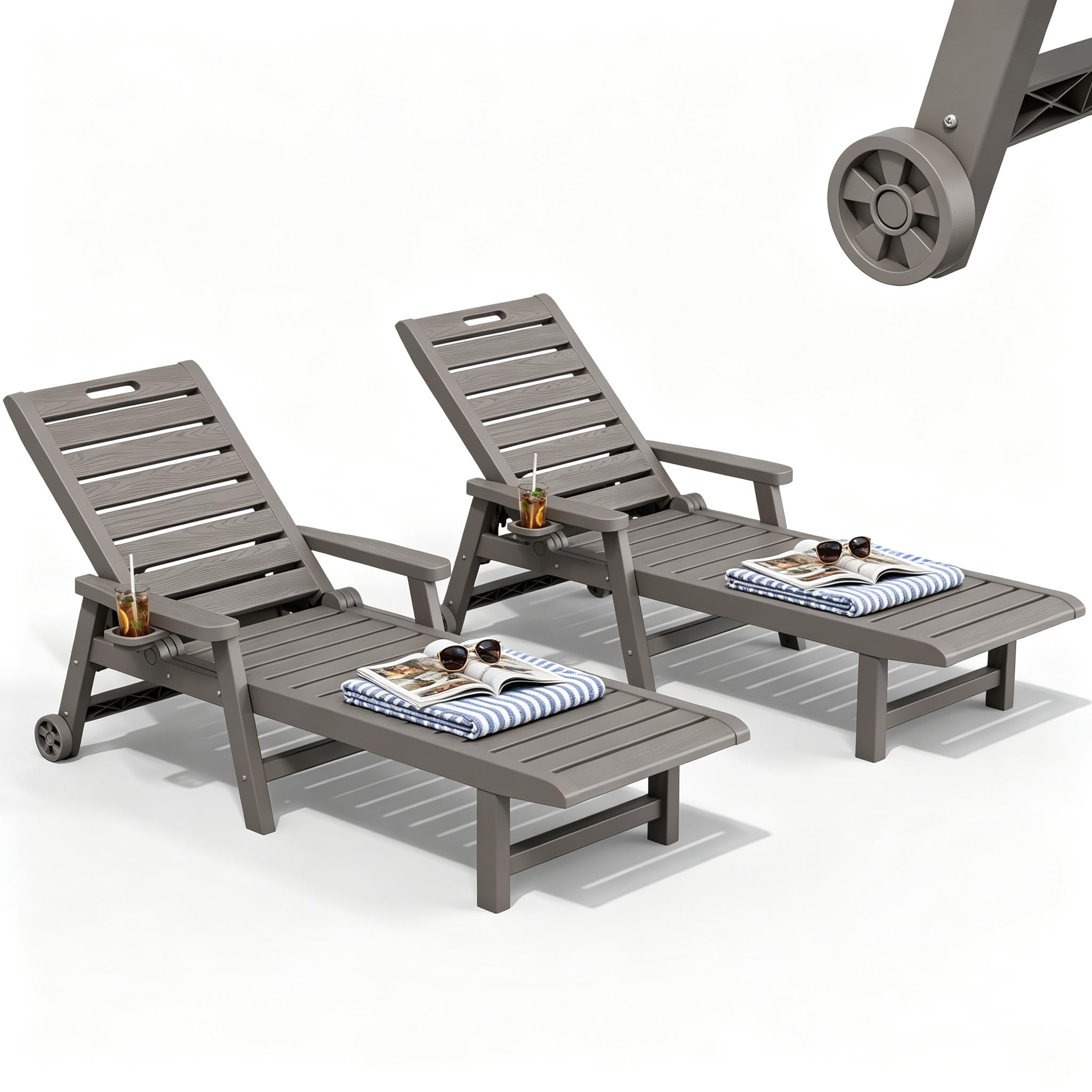HDPE Outdoor Lounge Chair Set of 2 with Wheels &amp; Cup Holder, Grey
