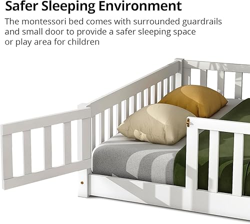 Miniatura 4 de LLS Cama de suelo completo para niños, cama Montessori duradera con listones de madera, valla de seguridad y puerta pequeña, marco de cama de piso