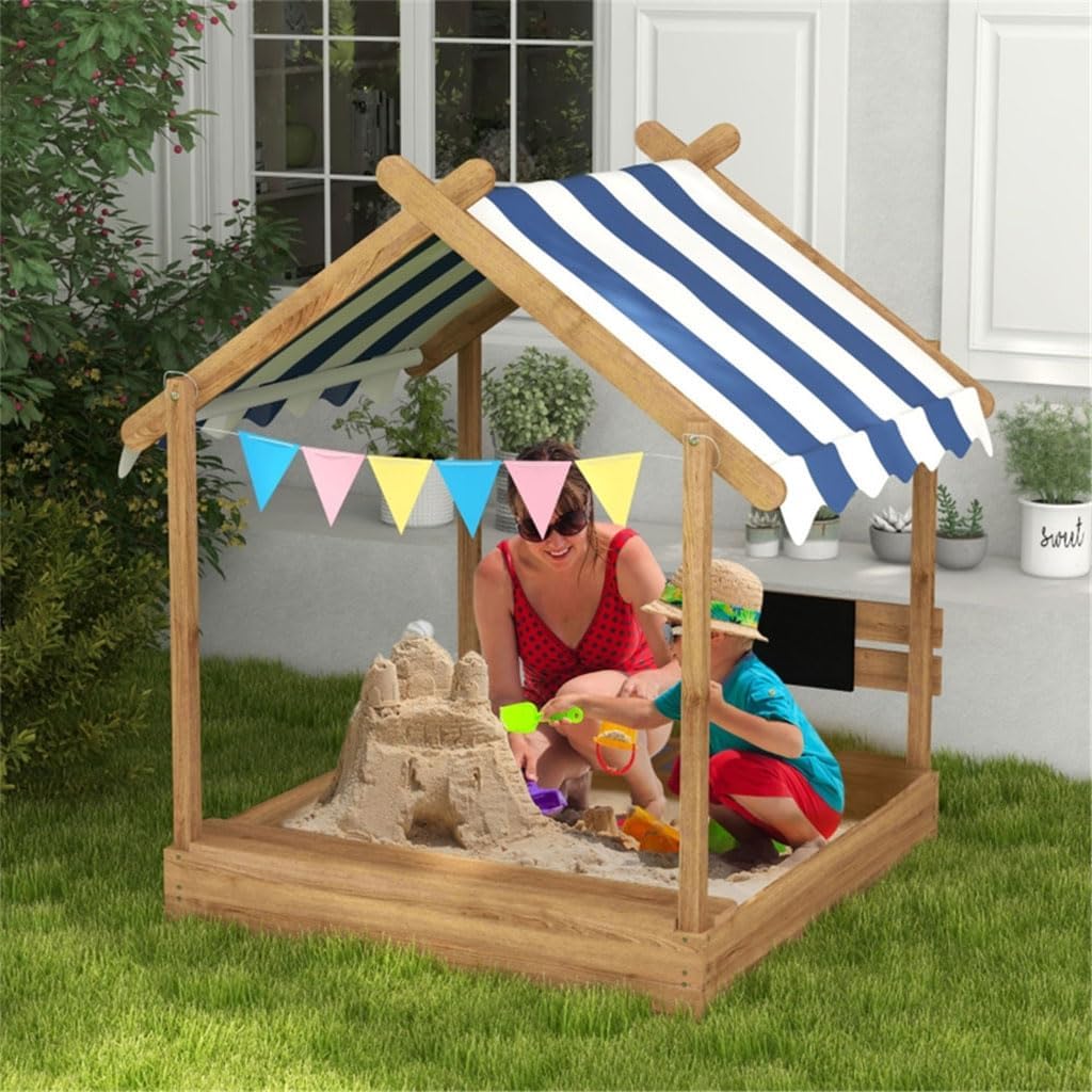 Kids Wooden Sandbox, Large Sandpit with 2 Bench Seats and Canopy Large Outdoor Cedar Sandpit for Aged 3-8 Years Old Outdoor Sandboxes for Backyard, Home, Lawn, Garden, Beach