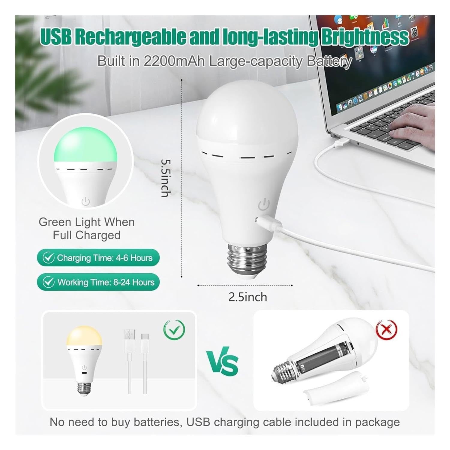 Lampadina E27 ricaricabile da 2 pezzi con timer remoto e dimmerabile