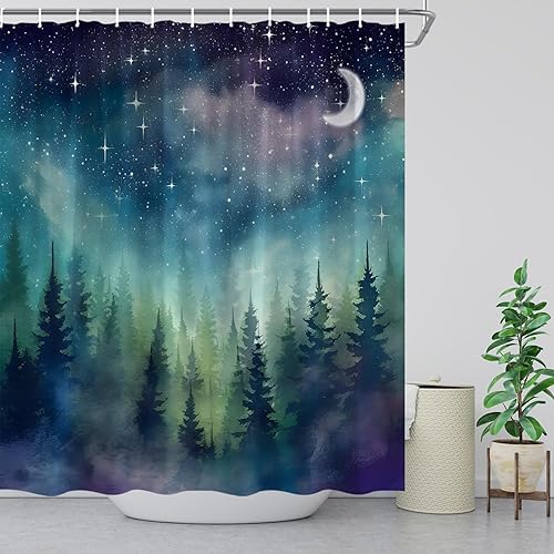 Miniatura 3 de ZWSMZW Cortina de ducha con diseño de luna de bosque, acuarela, bosque brumoso, fantasía, cielo estrellado, galaxia, naturaleza, paisaje gótico,