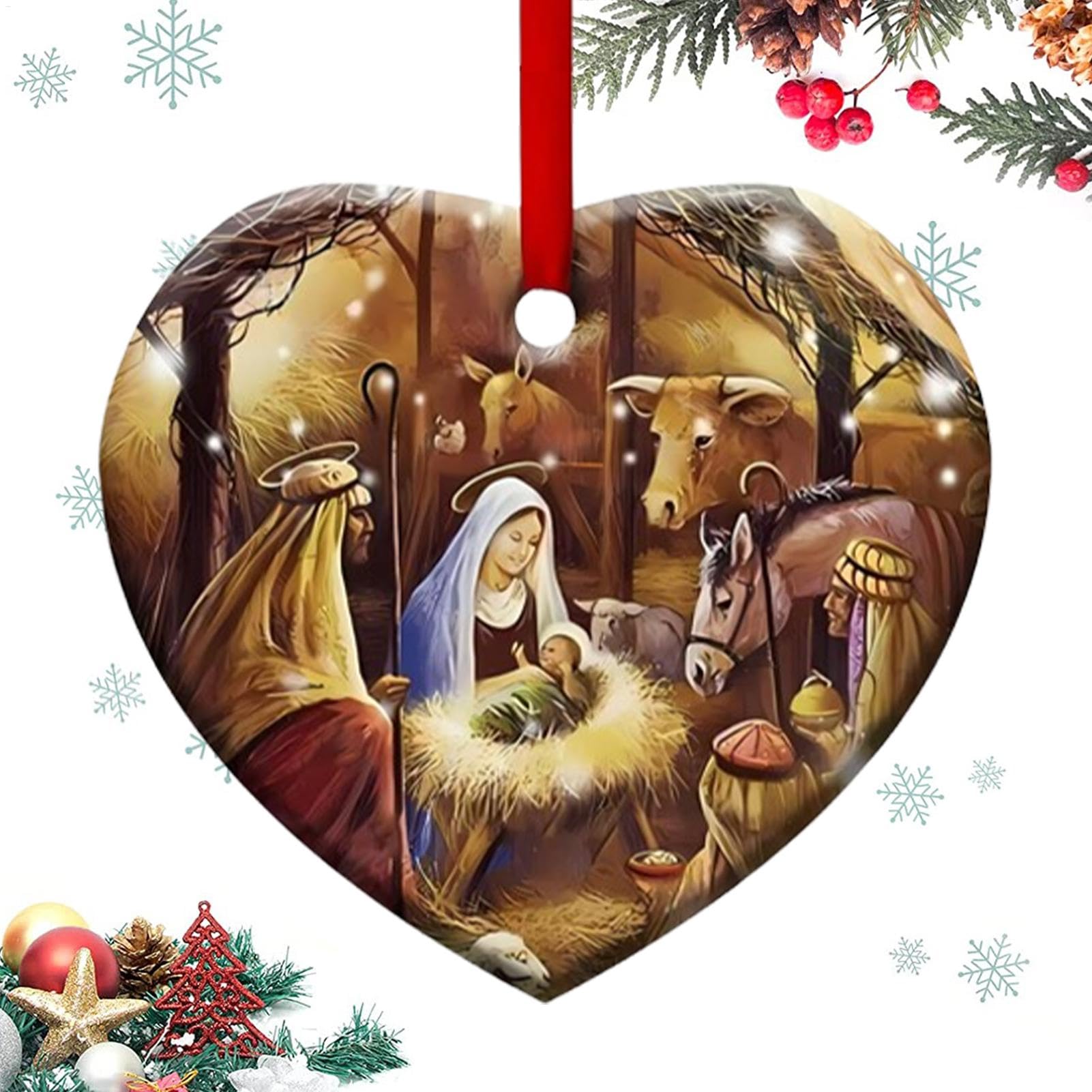 Adornos de Natividad - Adorno navideño de la Sagrada Familia, Colgante de árbol de Navidad de Recuerdo | Adornos navideños católicos de la Sagrada Familia de acrílico 2D en Forma de corazón, Recuerdo
