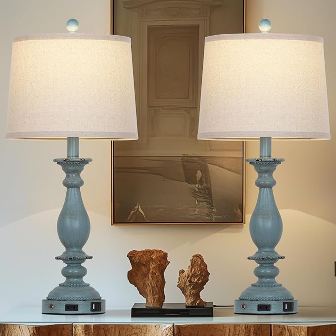 CINSARY 28" Tall Coastal Table Lamps for Living Room Set of 2, Farmhouse Rustic Blue Bedside Touch Lamp with USB C+A Ports & Outlet, 3-Way Dimmable Resin Nightstand Lamps for Bedroom Side End Table photo 5