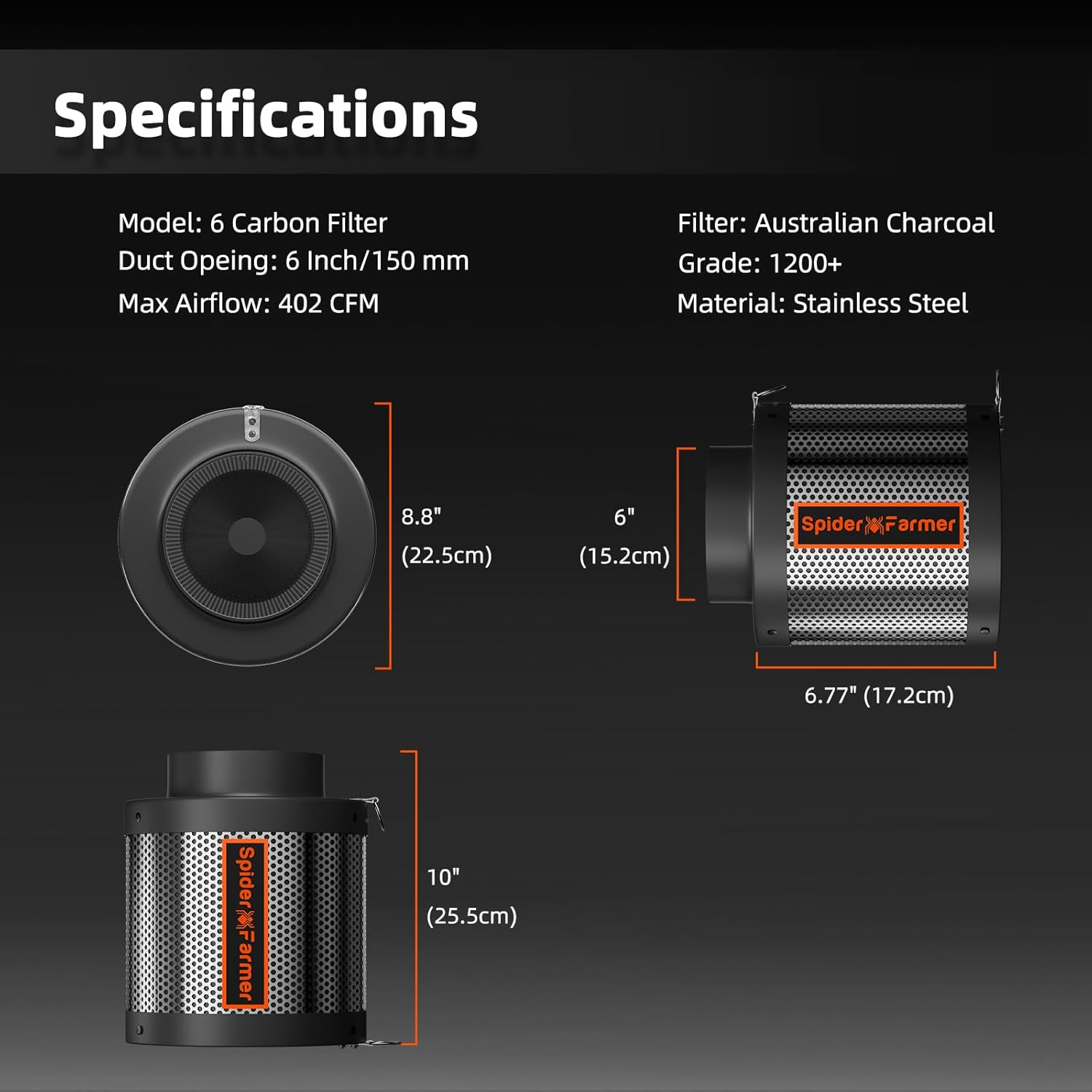 Spider Farmer 6 Inch Air Carbon Filrer Smelliness Control with Premium Australia Virgin Charcoal for Inline Duct Fan, Grow Tent Odor Control, Hydroponics, Pre-Filter Included, Reversible Flange