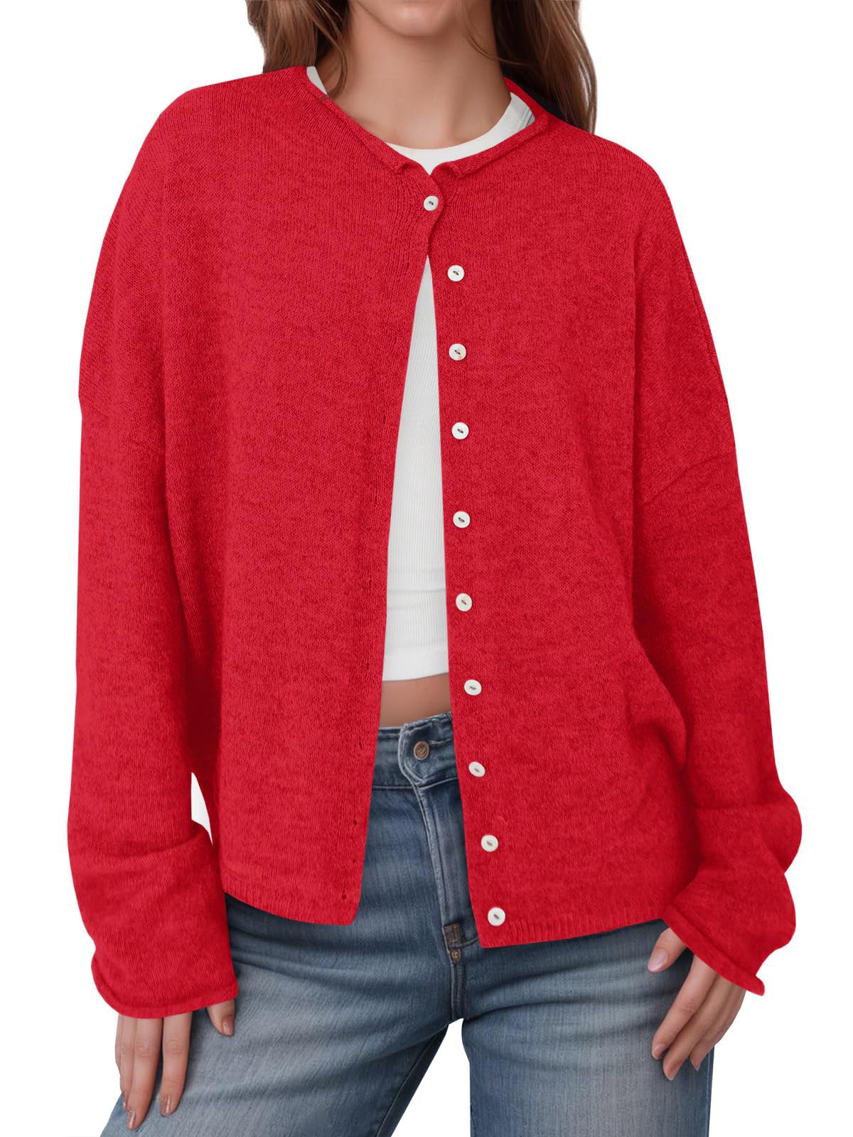 Womens Button Up Cardigan Sweaters Trendy Lightweight Soft Long Sleeve Knit Loose Sweater 2025 Early Fall Outfits