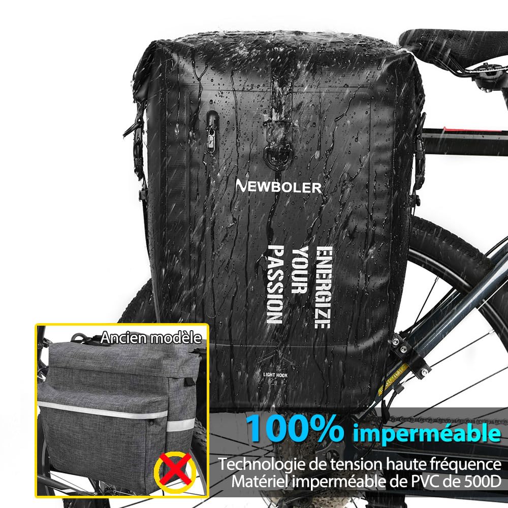 NEWBOLER Sacoche Vélo Arrière 27 L – 100% Étanche En PVC – Double Sac Avec Crochets 360° – Pour VTT Et Voyage – Noir
