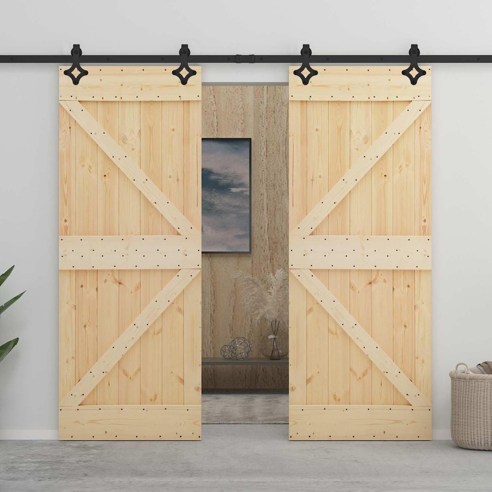 Porta scorrevole in legno di pino massiccio naturale e nero, 2 pezzi, 200 x 5,5 x 210 cm, con binario scorrevole, fermaporta e ruote, salvaspazio per interni