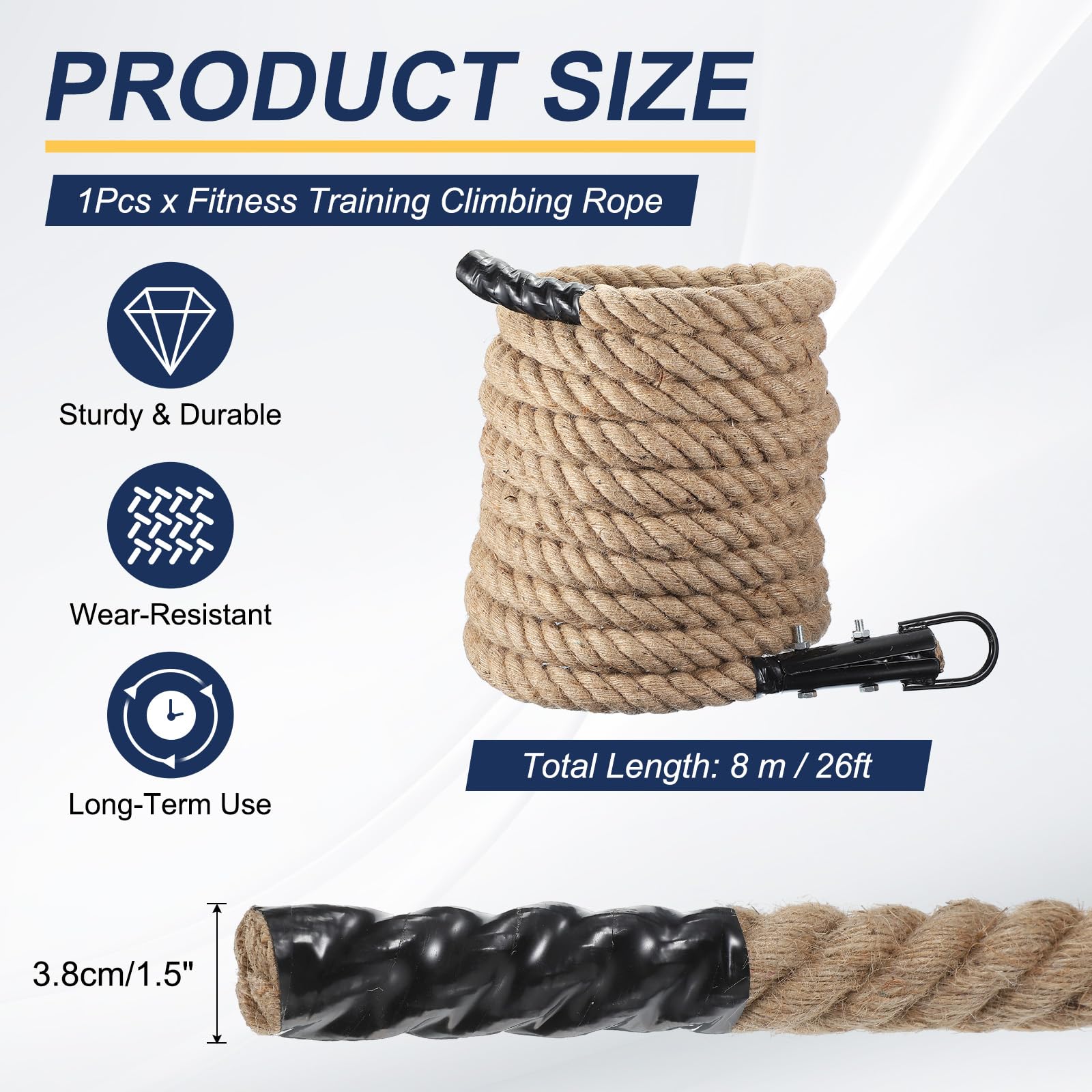 QUARKZMAN Battle Rope 26ft x 1.5 inch Juta Pesante per Fitness Palestra Corda con Gancio Nero Metallico per Allenamento vigoria Esercizi A Casa Sport