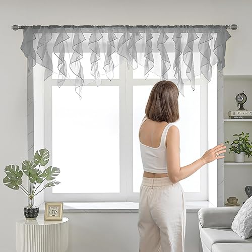 Miniatura 10 de PearAge Cenefa de cortina semitransparente de gasa con volantes, para cocina, sala de estar, cenefa con volantes estilo shabby chic, cenefa de