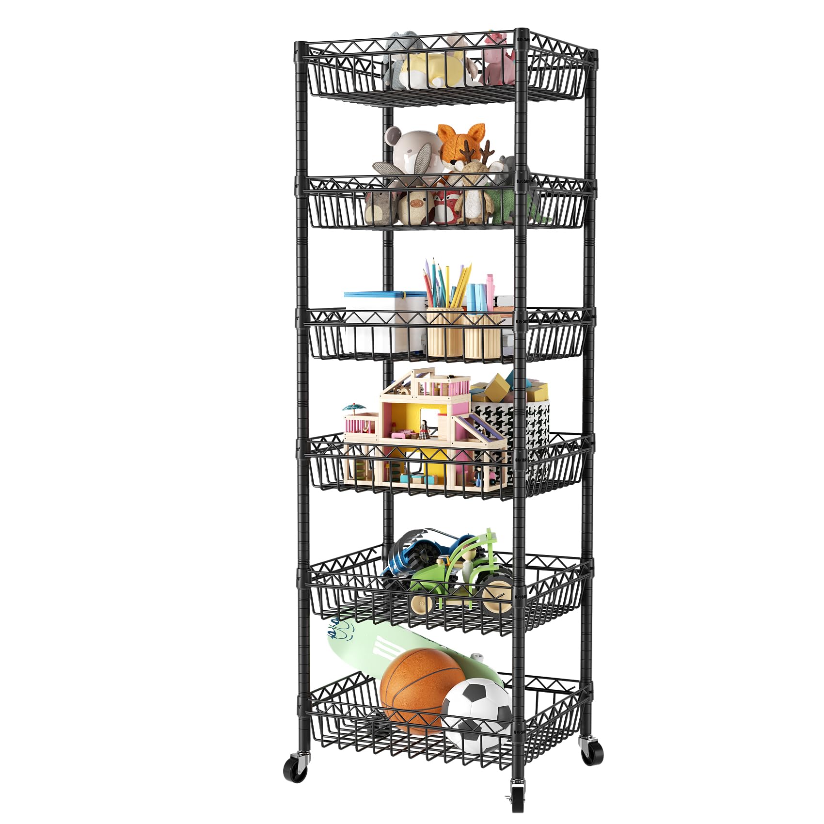 SINGAYE 6 Tier Shelf Wire Rack Shelving with Wheels Metal Storage Shelves Adjustable Closet Bathroom Organizers Baskets Pantry Kitchen Garage Laundry Room 13.5" D x 13.5" W x 63" H Black