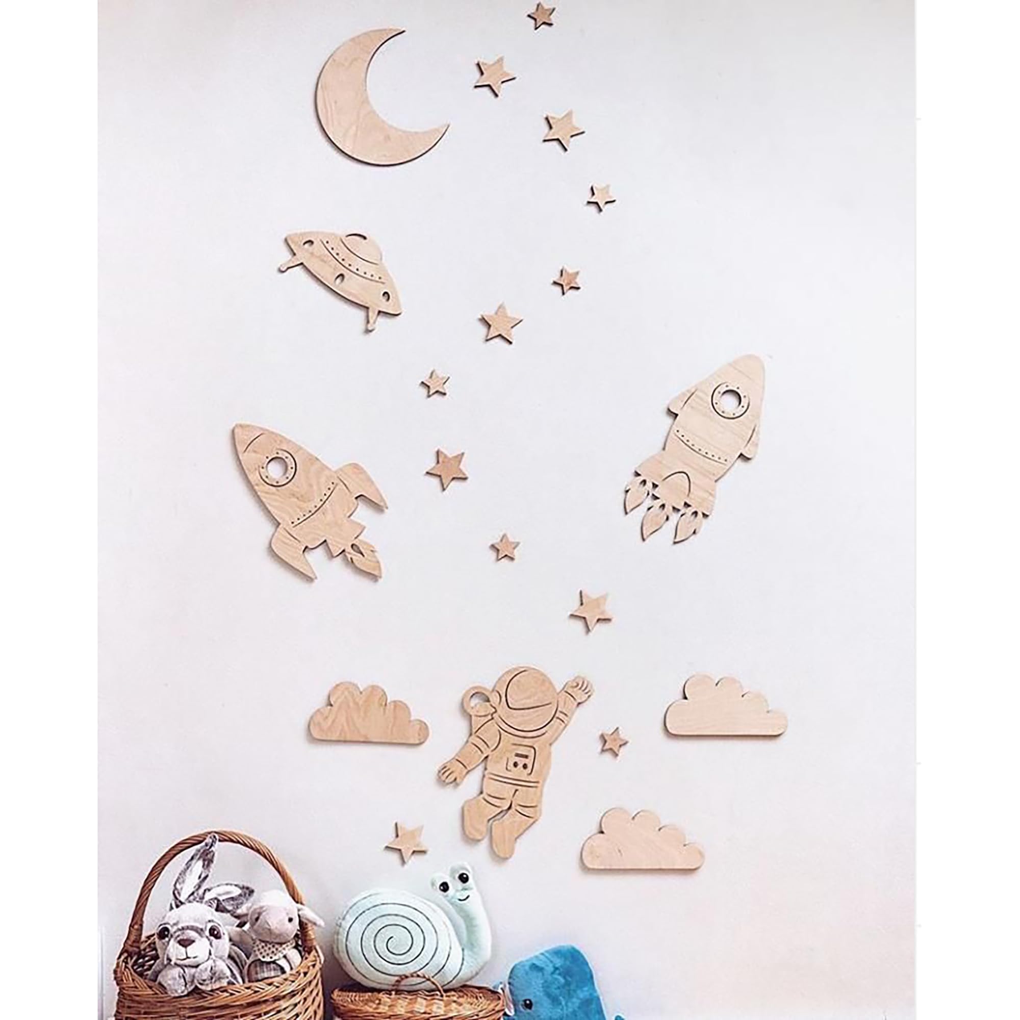 American Elm Wooden Space Wall Decor | Astronaut, Rockets, Moon & Stars | Nursery Wall Art for Kids Room | Space Theme Bedroom Decor