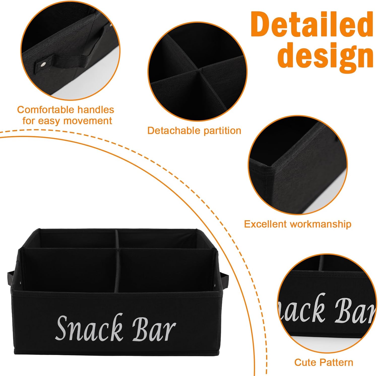 Snack Organizer for Countertop, Fabric Snack Basket with Handles, 4 Compartment Snack Box Container Snack Holder, Snack Bar Station Decor, Kitchen Cabinet Pantry Organizer and Storage, Black
