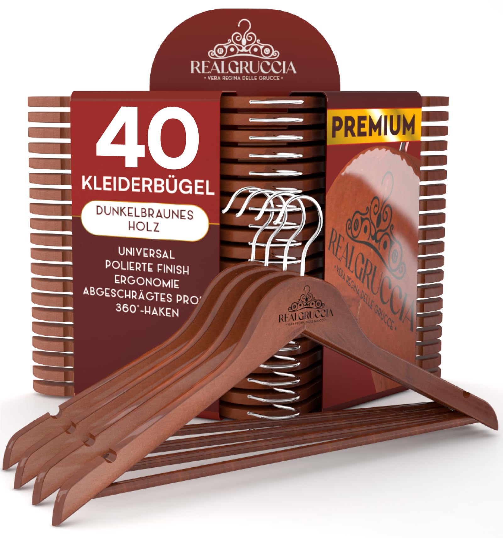 40 Kleiderbügel aus Holz Kleiderbügel mit Anti-Rutsch-Einkerbungen Holzbügel RealGruccia Farbe Dunkelbraun von Hosen Anzügen Hemden - Drehbaren Hakens und Abgeschrägte Profile - 22x45cm