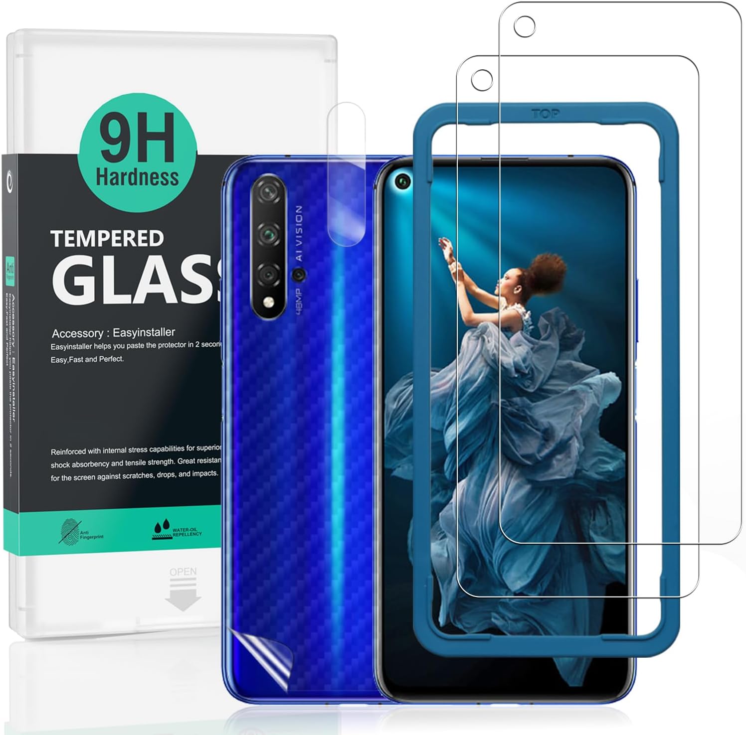 Ibywind Screen Protector For Honor 20/Nova 5T,with 2Pcs Tempered Glass,1Pc Camera Lens Protector,1Pc Backing Carbon Fiber Film [Fingerprint Reader,Easy to install]