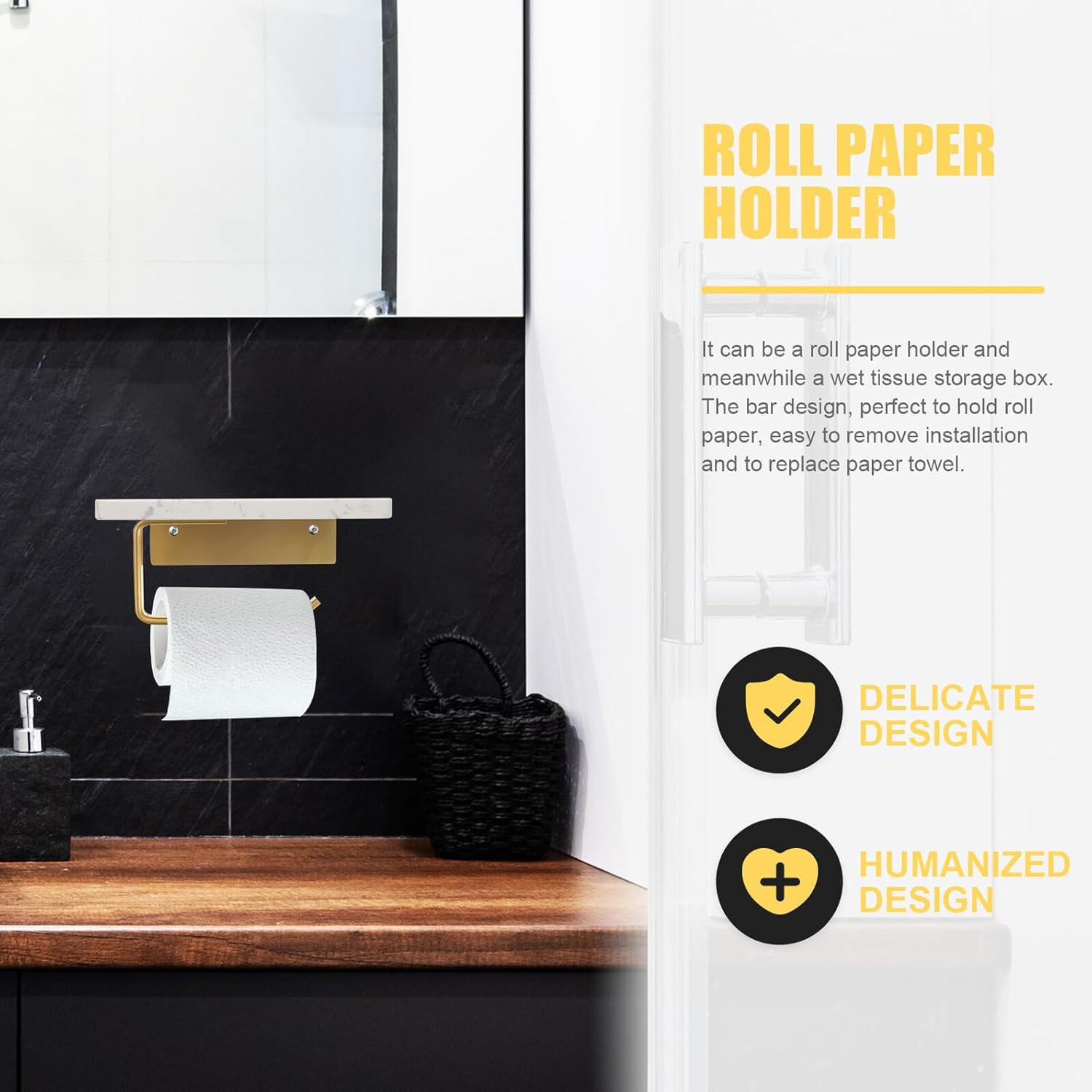 NUOBESTY Bathroom Toilet Paper Holder with Natural Marble Shelf Wall-Mounted Tissue Roll Organizer for Kitchen and Toilet Stable Load-Bearing Tissue Storage Rack with Stylish Nordic Design