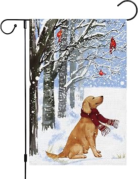 Louise Maelys Winter Garden Flag 12x18 Double Sided, Burlap Small Golden Retriever Dog Cardinal for Yard Winter Seasonal House Holiday Decor
