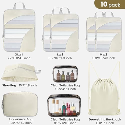Miniatura 4 de Juego de 10 cubos de compresión de embalaje, artículos esenciales de viaje ligeros, bolsas de almacenamiento extensibles elásticas, bolsas de