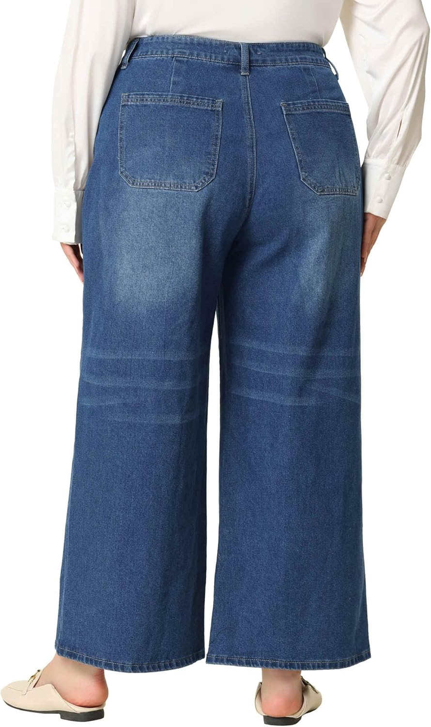 Agnes Orinda Plus Size Jeans for Women Wide Leg Washed Stretch with Pockets Palazzo Denim Jeans - Image 4