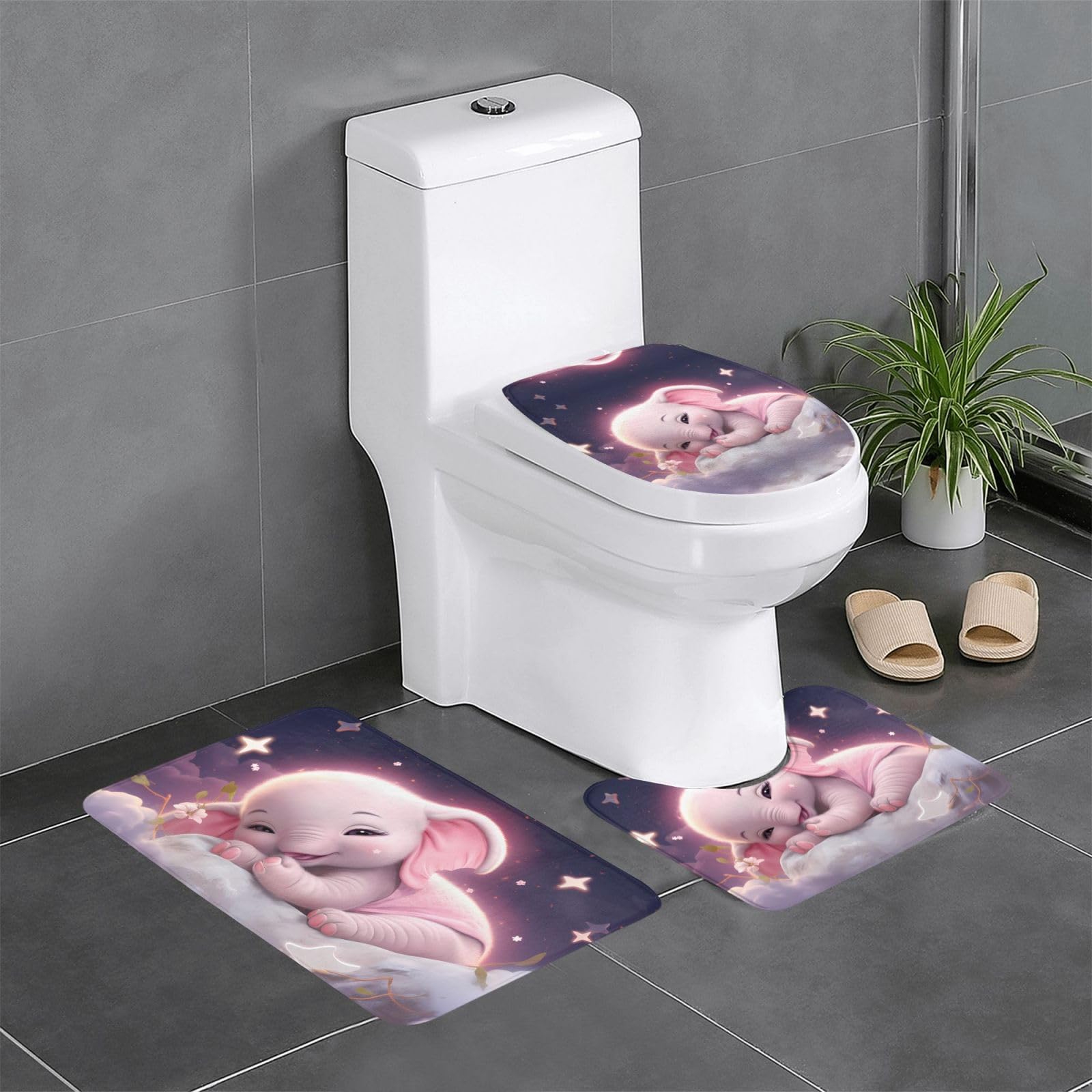 Tapis de bain éléphant rose : lot de 3 pour toilettes et lavabo