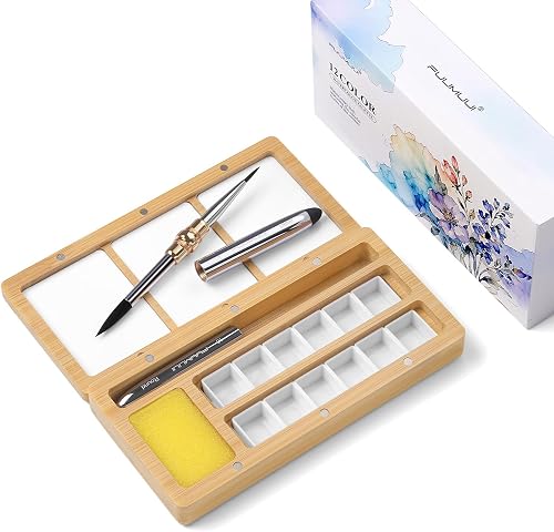 Fuumuui Burlywood Wood Watercolor Palette Set, Magnetic Paint Box with 12 Half-Pans, Detachable Lid with 3 Mixing Areas, Sponge & Dual-Tip Travel Brush – Empty Artist Paint Case