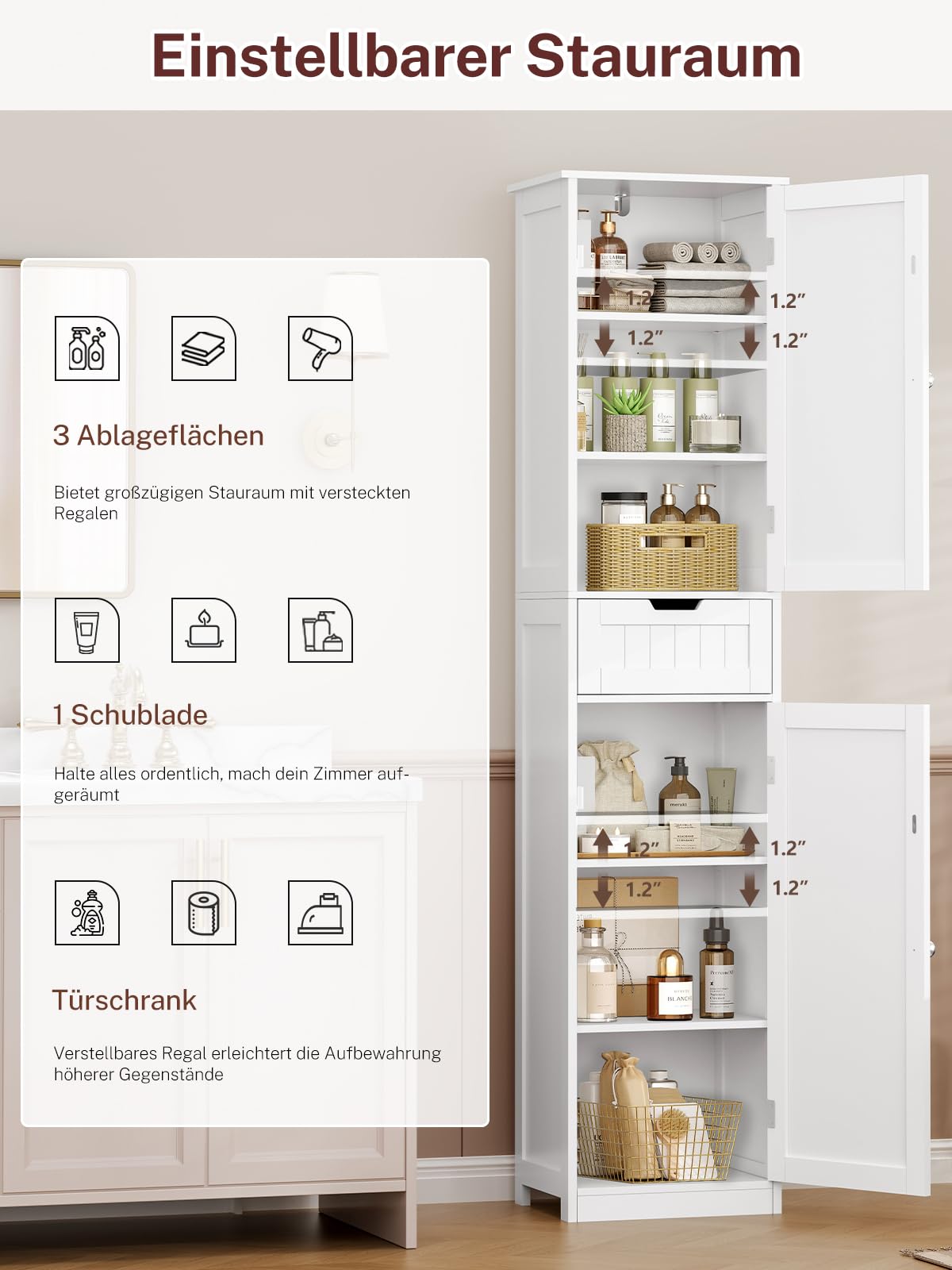 TEENFON Badezimmerschrank Schmal mit voller 40 cm Breite，Badschrank mit 2 Türen und 1 Schublade, Hochschrank mit Verstellbaren Regalen für Badezimmer, Wohnzimmer, Flur, Küche, 40x30x170 cm, Weiß