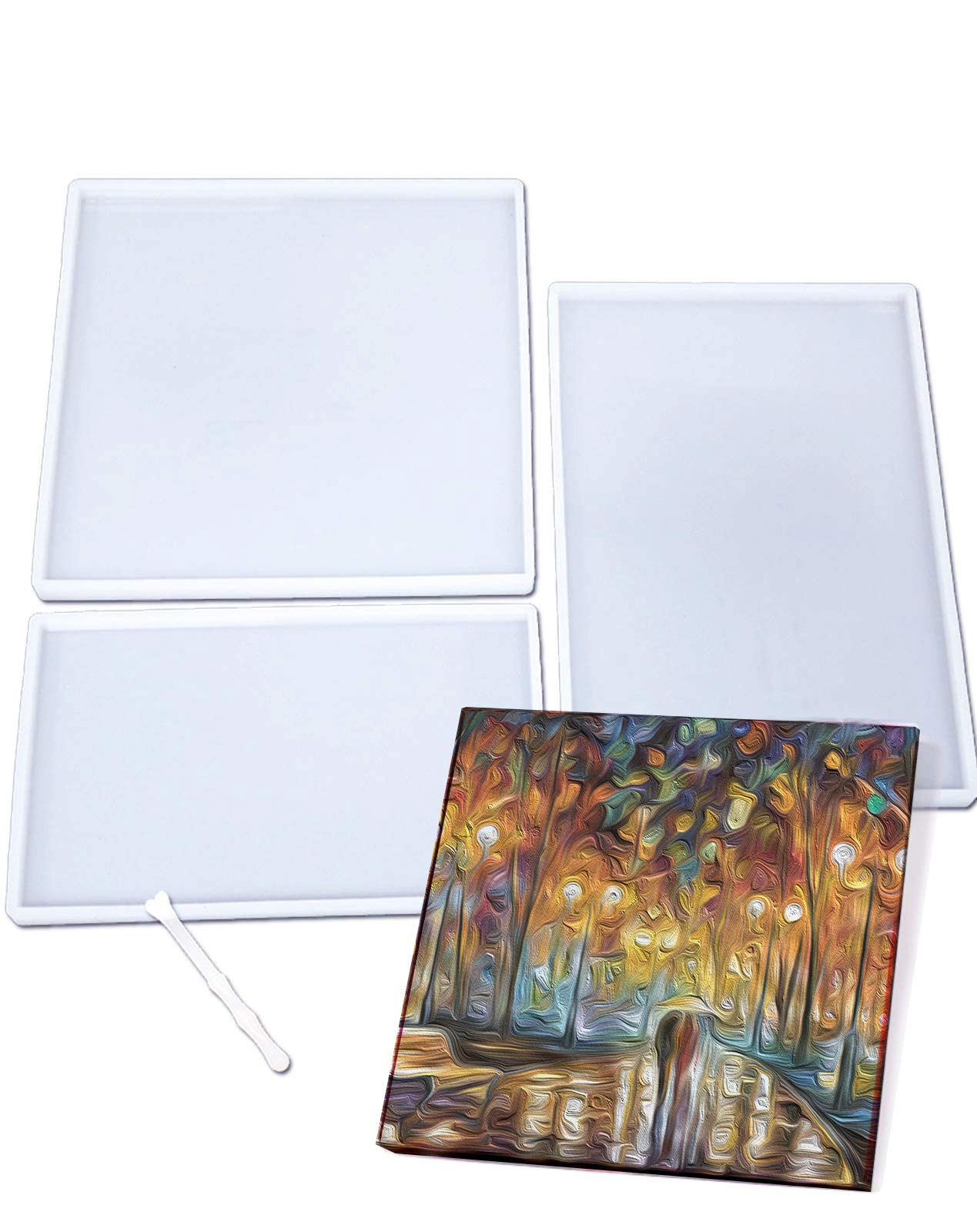Vanrose Jan Large Silicone Resin Mold 3Pack, Square 10in, Rectangle Tray Shape, 1 Silicone Stirrer, Epoxy Resin Art Kit Molds