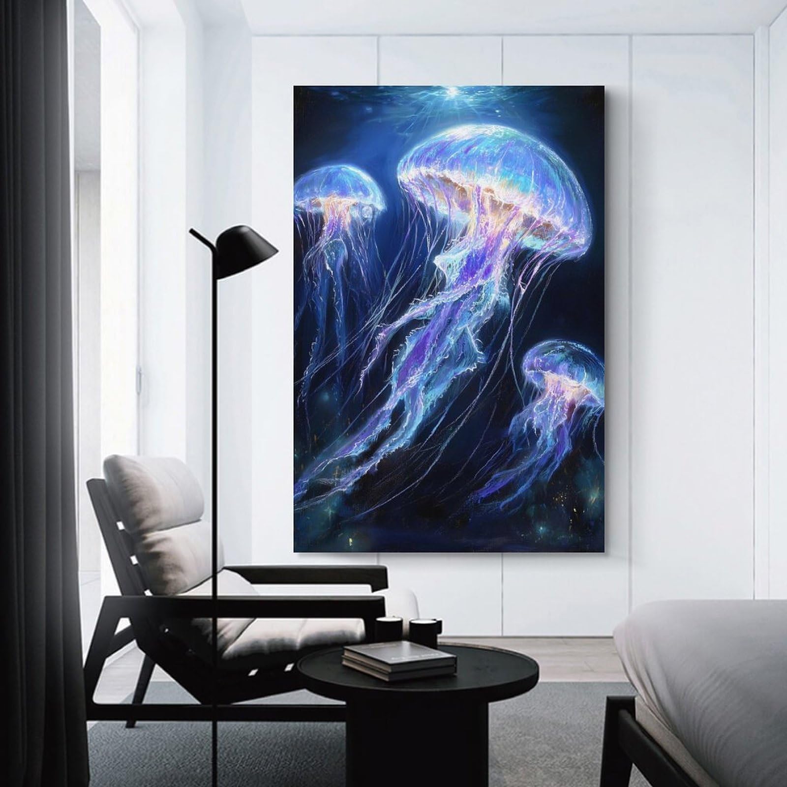 Junmoney Bioluminescent Jellyfish in Deep Ocean Wall Art Print, 20x30inch(50x75cm), for Entryway, Lounge Links Or Small Walls, Decorative Wall Art for Narrow Spaces