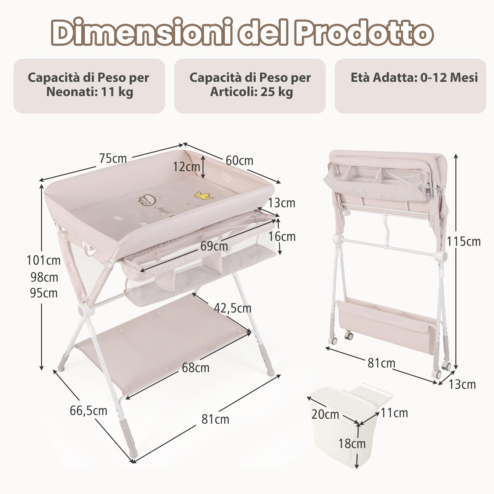 RELAX4LIFE Cambiador de Bebé Plegable con 4 Ruedas Giratorias con Frenos, 3 Alturas Ajustables, Cestas de Almacenamiento y Cinturón de Seguridad, Cambiador Bebe Mueble para Bebé 0-12 Meses (Beige)