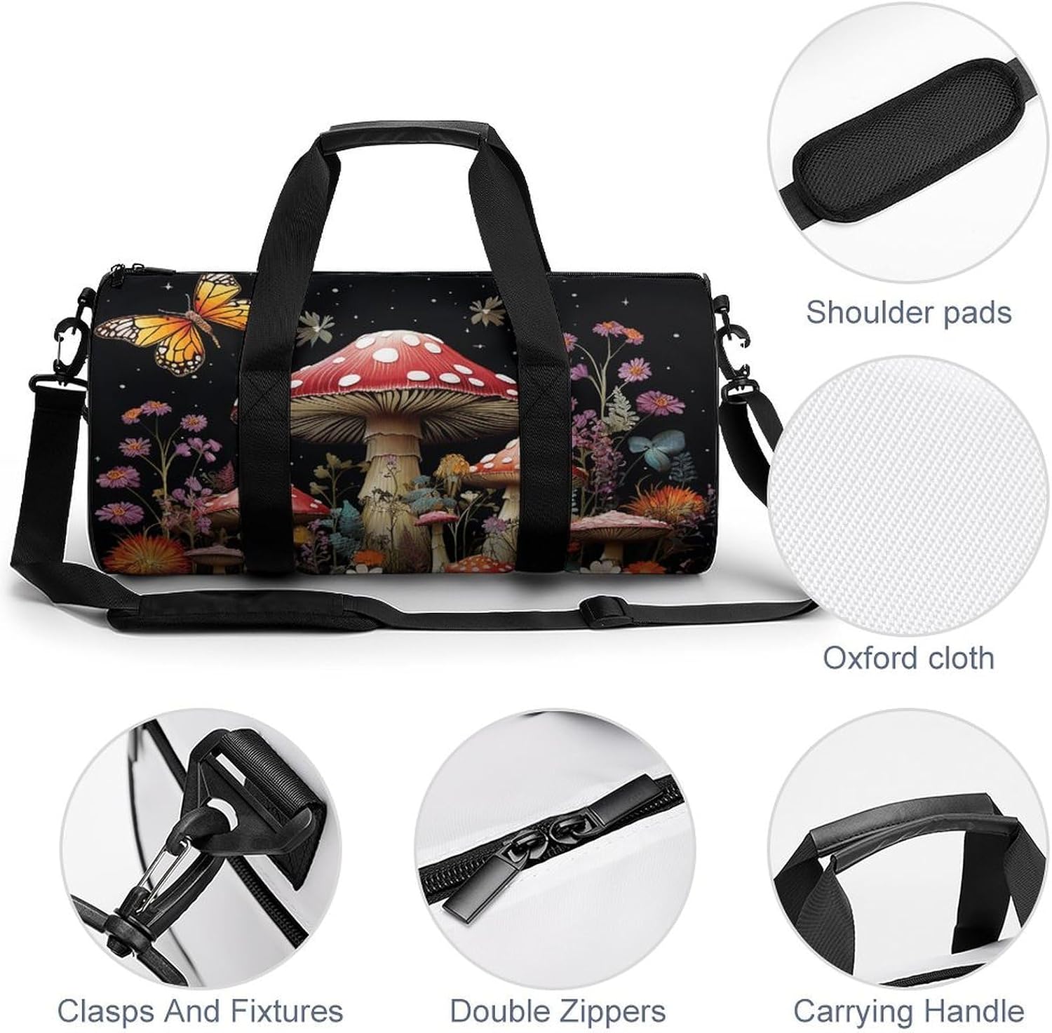 Mushrooms And Butterflies on Black Background Gym Bag Hand-held Fitness Bags Cylindrical Fitness Bag with Shoe Large Compartment Duffle Bags for Travel Sports Unisex image 5