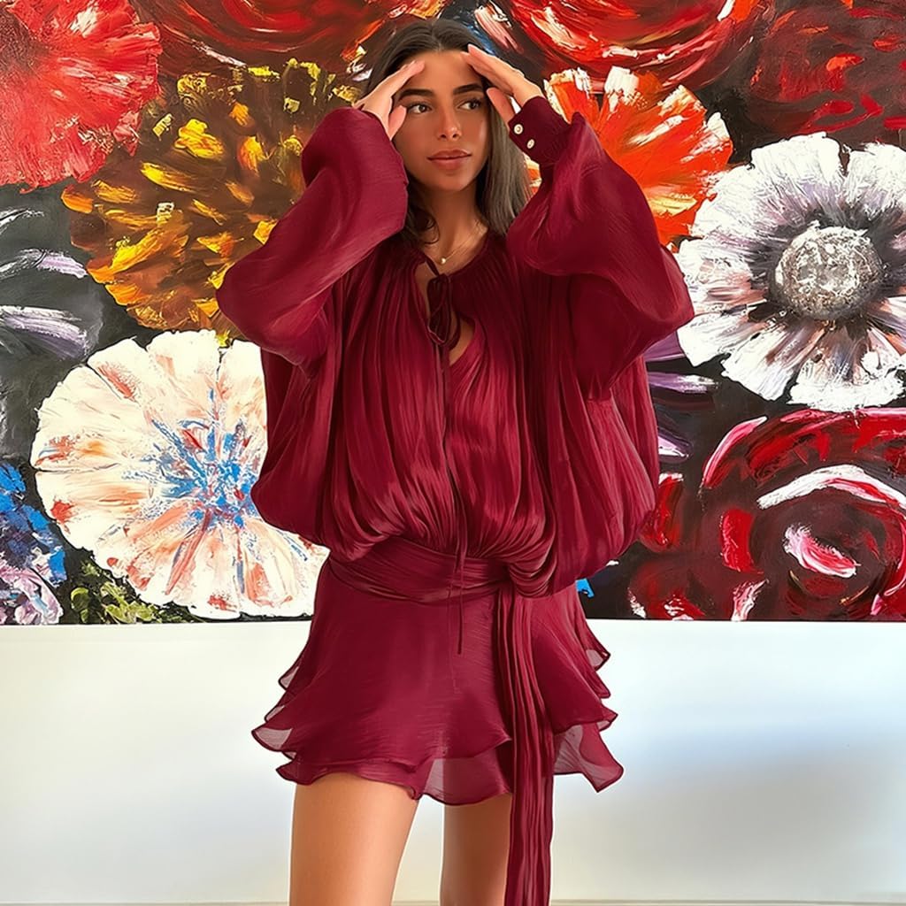 Wuitrie Elegant Women's 2 Piece Skirt Sets Long Sleeves Crew Neck Dress Top and Mini Bodycon Shorts Sexy Summer Party Sets - Image 3