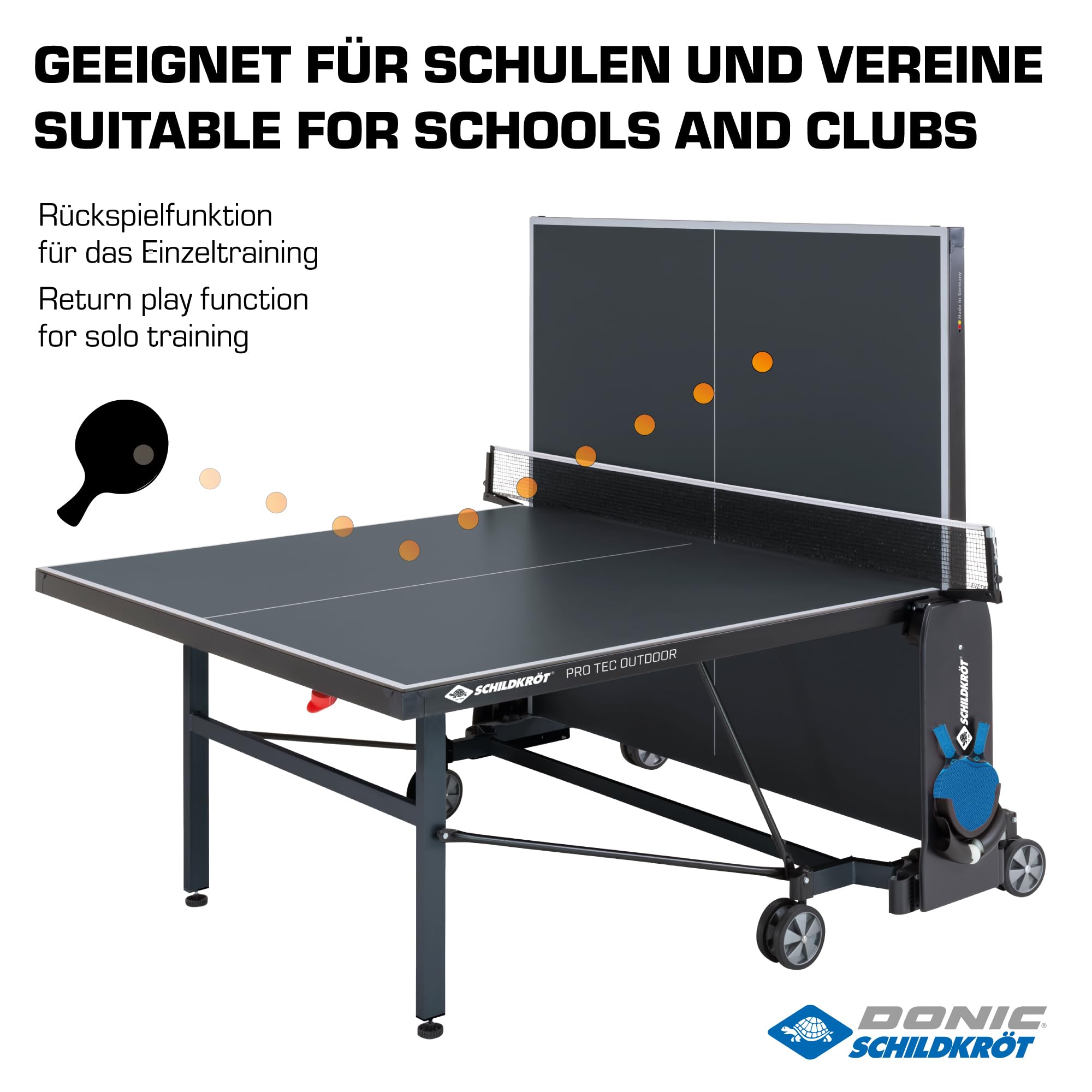 Schildkröt Tischtennisplatte ProTec Outdoor, wetterfester Kompakttisch, 6mm Melaminharzplatte, trendiges matt-schwarzes Design, klappbar und durch lenkbare Räder leicht fahrbar