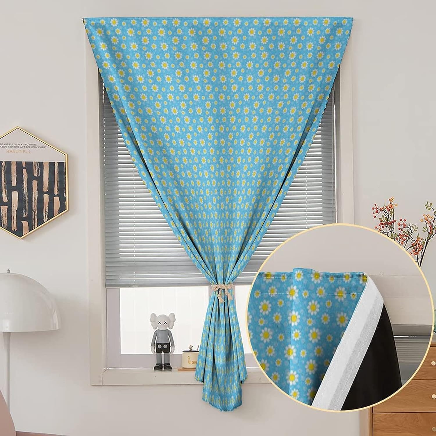 Self Adhesive Portable Blackout Curtains, Yellow and Blue Room Darkening Curtains, Cartoon Chamomiles Blooms and Dots Fresh Spring Print Temporary Blackout Blinds,47W x54L Inches,, for Bathroom