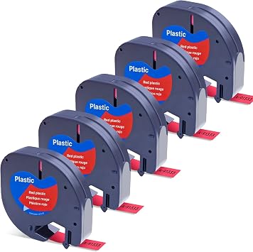 Label Tape 91223 S0721680 Black on Red Compatible with Dymo Letratag Tape Plastic Label Tapes Cassette 12 mm x 4 m 10 inches x 13 feet, Pack of 5