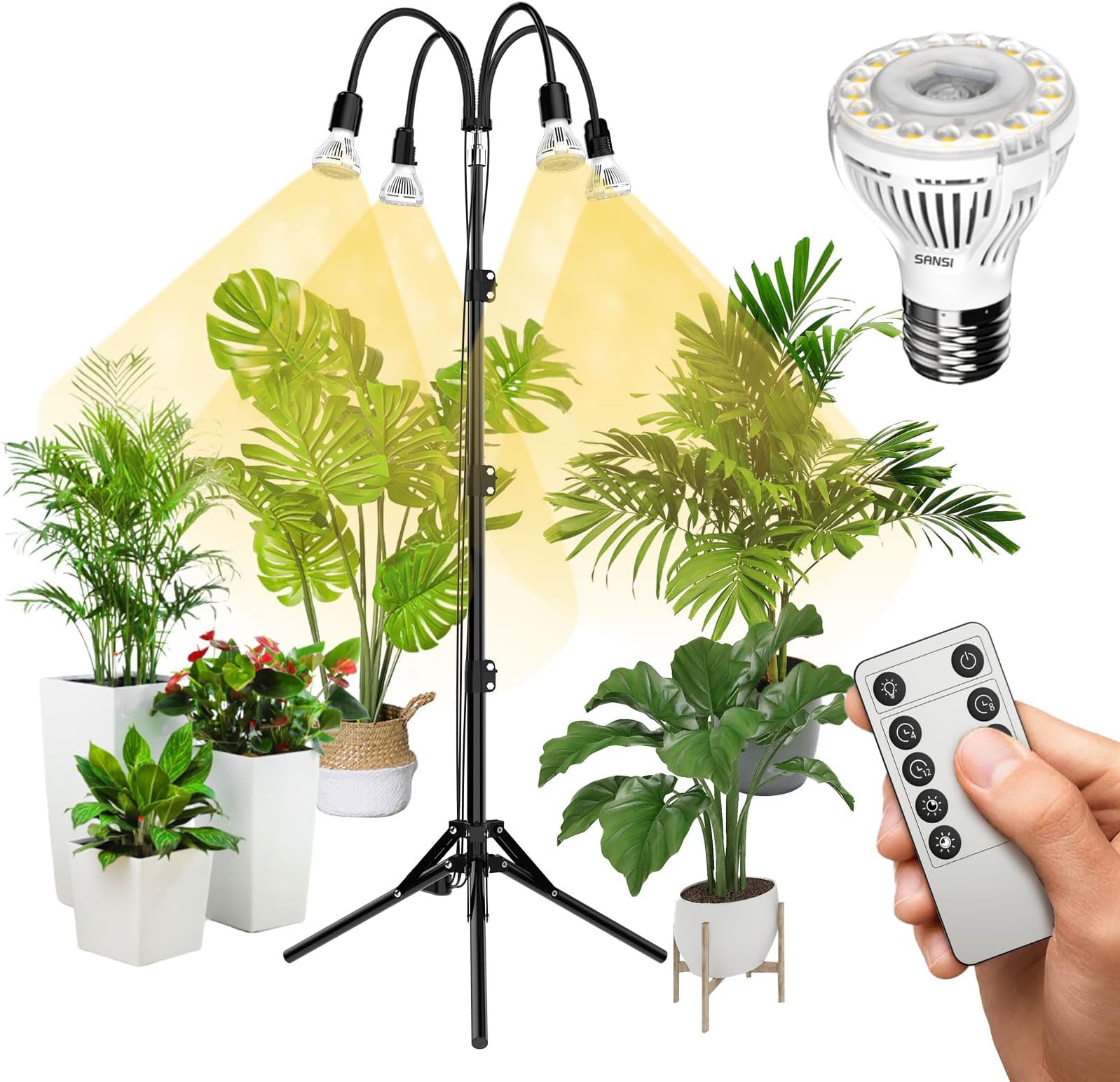SANSI Grow Lights for Indoor Plants, 4 Head Dimmable 40W Full Spectrum LED Plant Lights, 21"-55" Adjustable Height Plant Lights for Indoor Growing with Remote Control Timer 4 Pack of Par20 10W Bulb