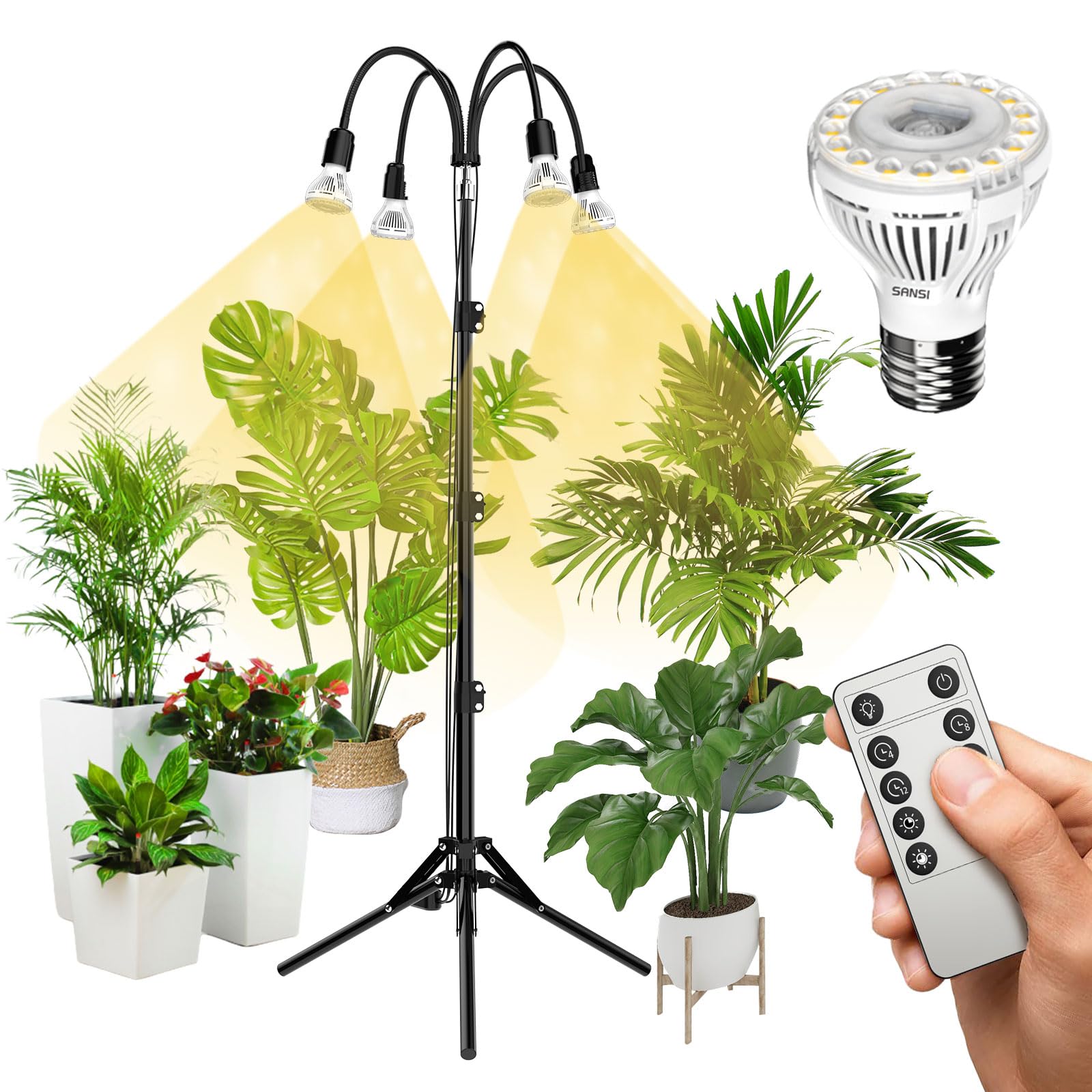 SANSIGrow Lights for Indoor Plants, 4 Head Dimmable 40W Full Spectrum LED Plant Lights, 21"-55" Adjustable Height Plant Lights for Indoor Growing with Remote Control Timer 4 Pack of Par20 10W Bulb
