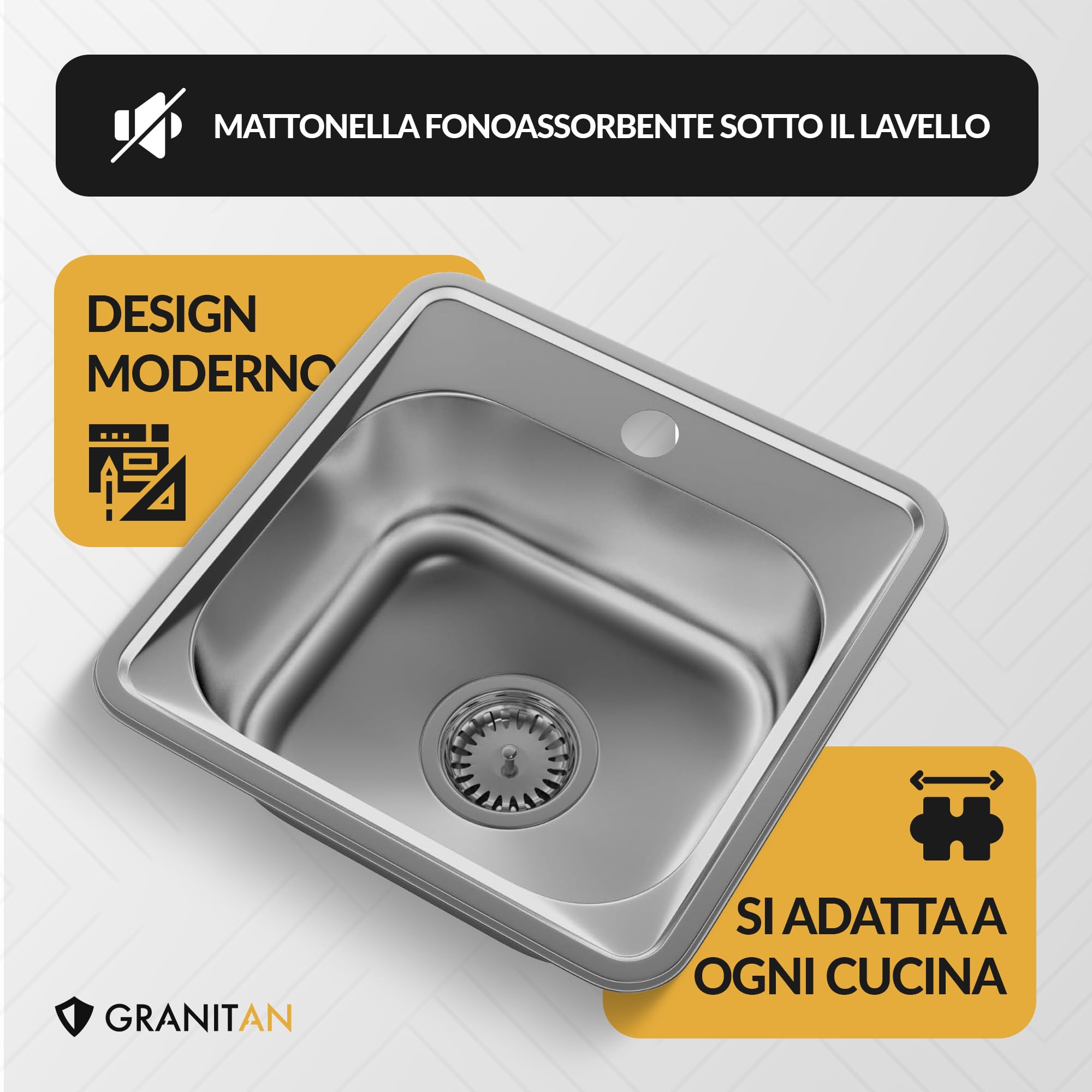 GRANITAN Lavello acciaio con sifone 38 x 38 cm - Lavandino da Incasso in Acciaio - Lavello in Acciaio Inox con Foro per Rubinetto per Lavabo - Diametro 92 mm - Lavabo per Cucina - Raso 38
