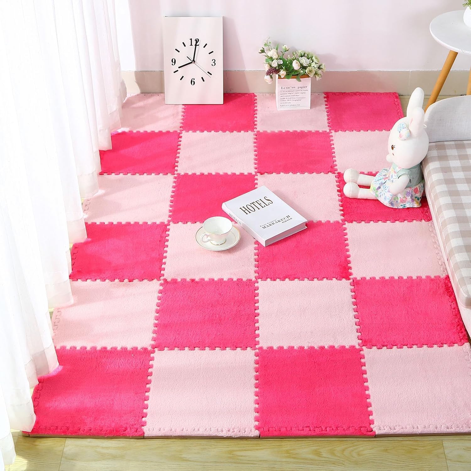 Puzzle Play Mat Plush Area Rugs Interlocking Foam Floor Mat 40pcs 0.4 Inch Thick Patchwork Foam Tiles 30x30cm(Pink+Rose Red)