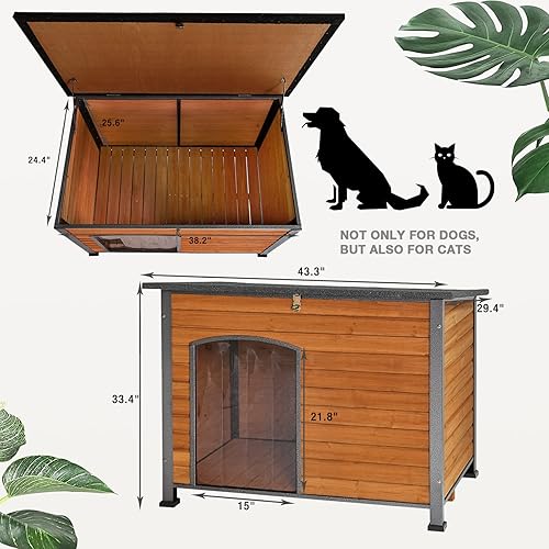 Miniatura 5 de Casa para perros con aislamiento al aire libre para perros pequeños, medianos y grandes, madera natural con marco de hierro, techo impermeable con