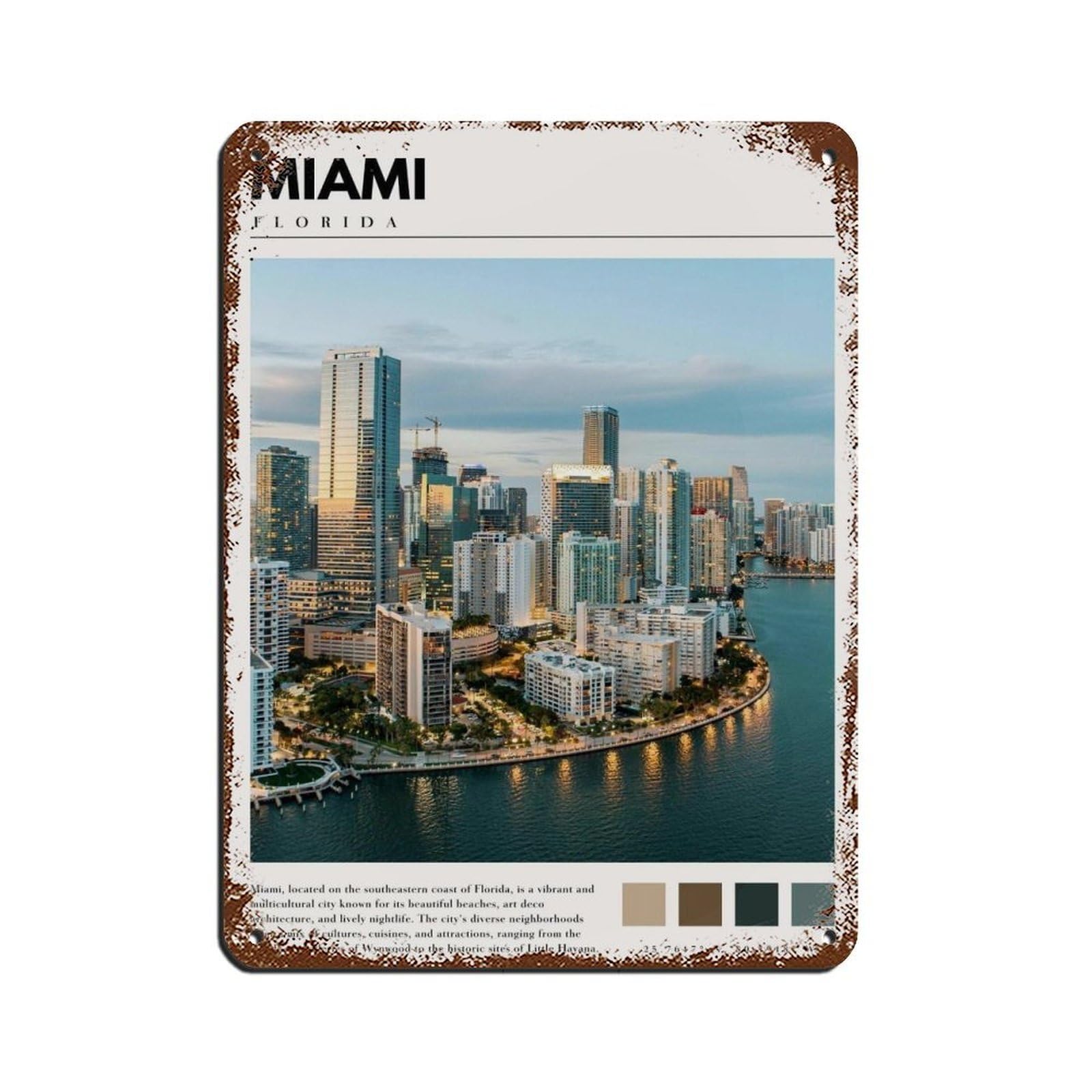 Miami Florida Poster Miami Art Retro Poster Metal Tin Sign Chic Art Retro Iron Painting Bar People Cave Cafe Family Garage Poster Wall Decoration 12x16inch(30x40cm)