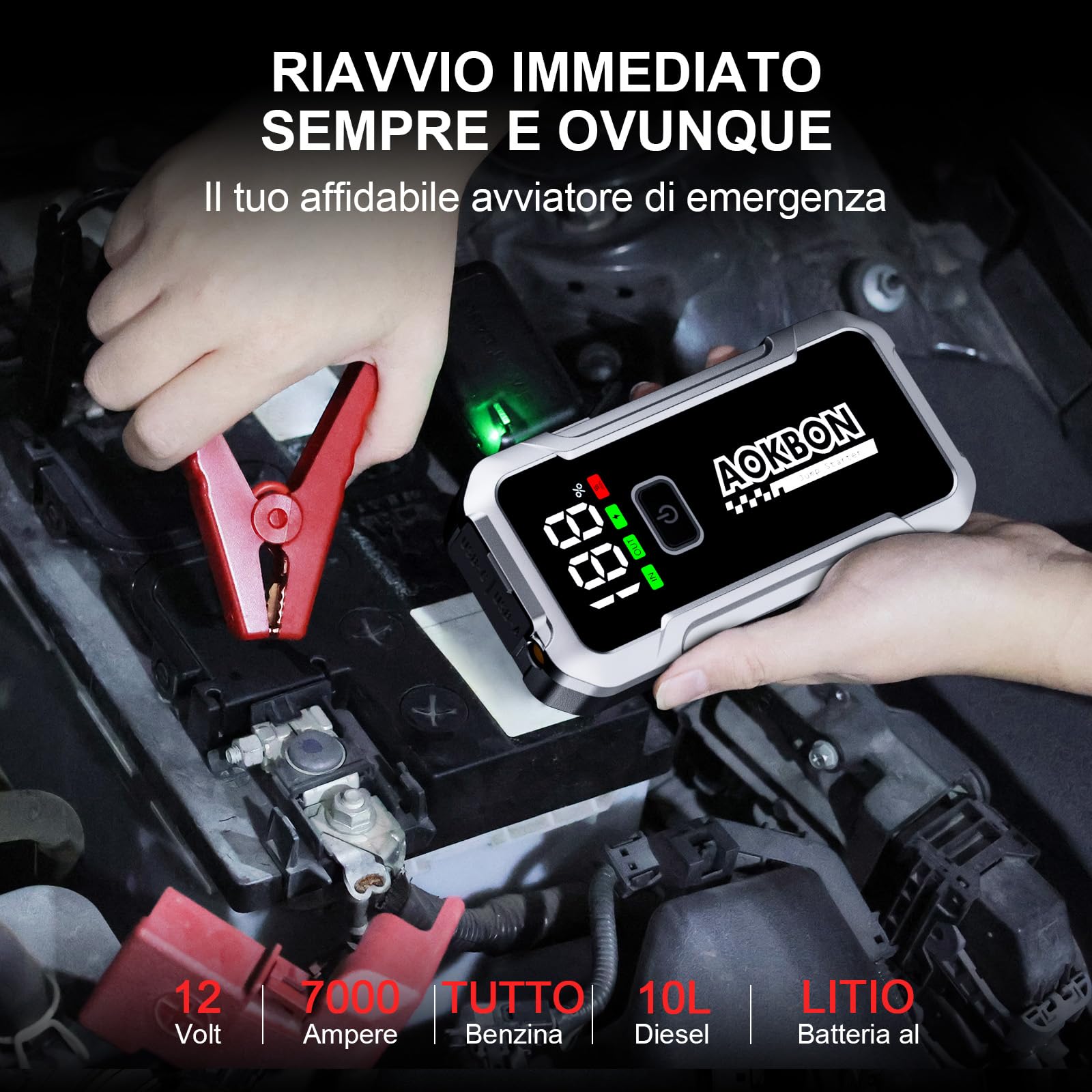 Avviatore Batteria Auto 7000A Avviatore di Emergenza per Auto Moto Fino All Ges 10,0L Diesel 12V Starter Batteria Portatile con Torcia a LED