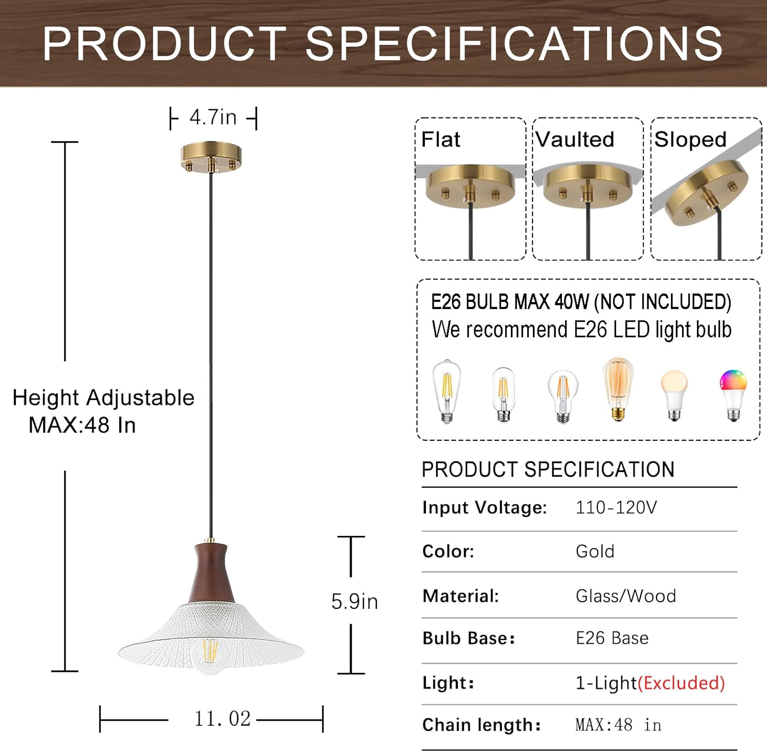 Vintage Kitchen Island Pendant Light Fixtures Clear Wood and Glass Pendant Light Fixtures, Modern Farmhouse Hanging Pendant Lights, E26 Base (Crystal+Wood, 1 Pcs)