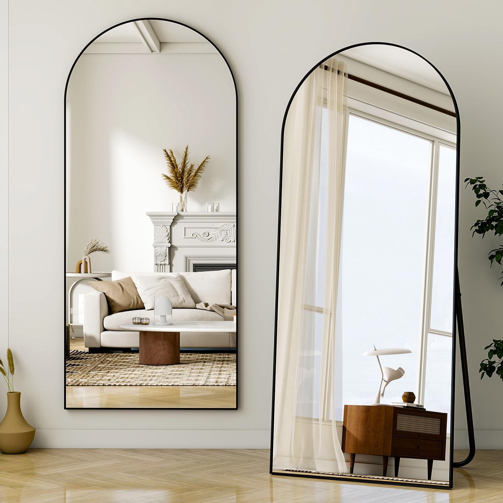 VooBang 24"x65" Black Arched Floor Full Length Dressing Body Mirror | Shatterproof Tempered Glass, Modern Minimalist Chic Room Decor, Standing Wall Mounted Leaning for Living Room, Bedroom