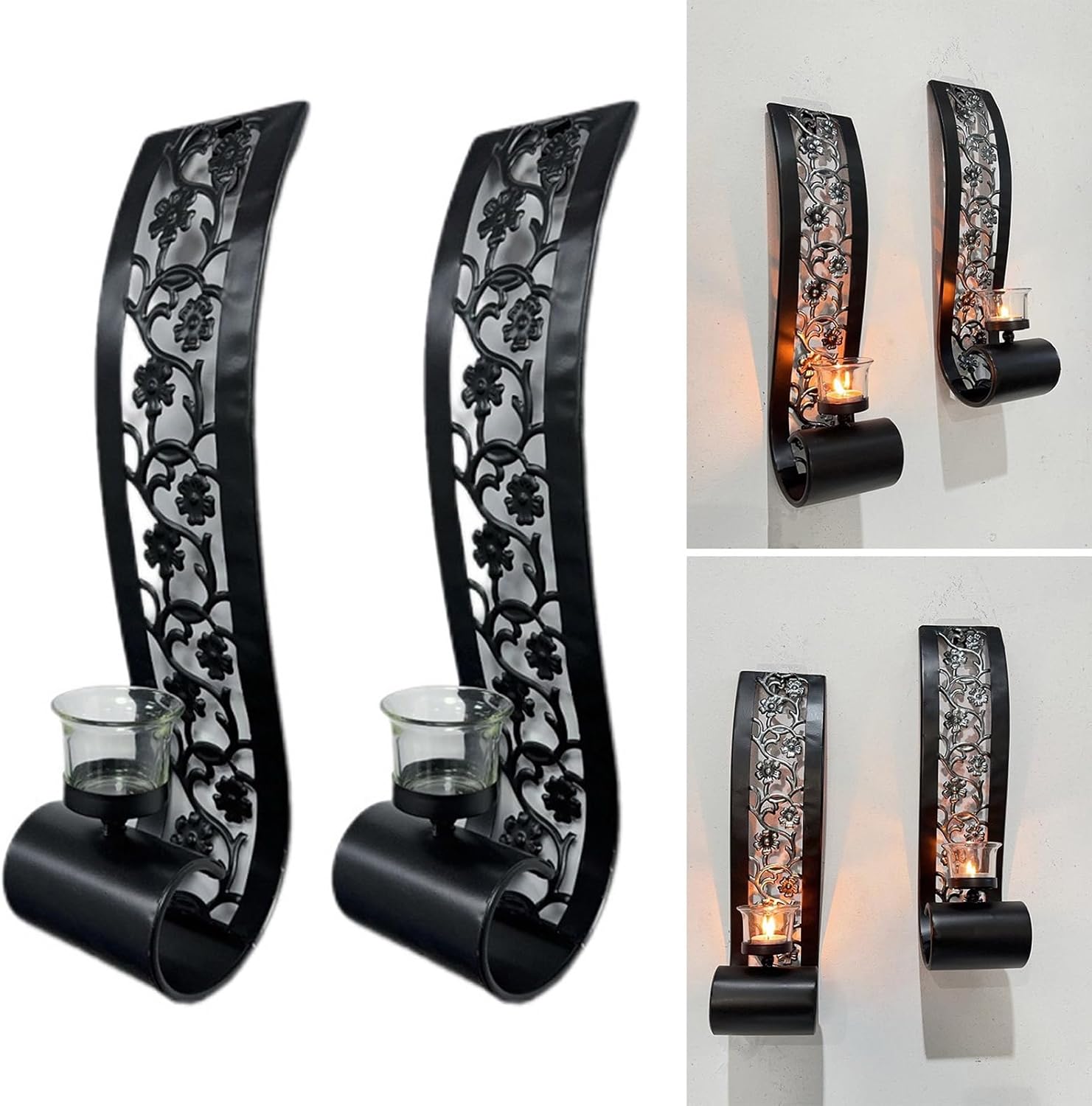 SHU GE Candle Holders,Elegant Black Metal Wall Sconce Candle Holders Set of 2 Hanging Iron Wall Candle Sconce for Home Decoration