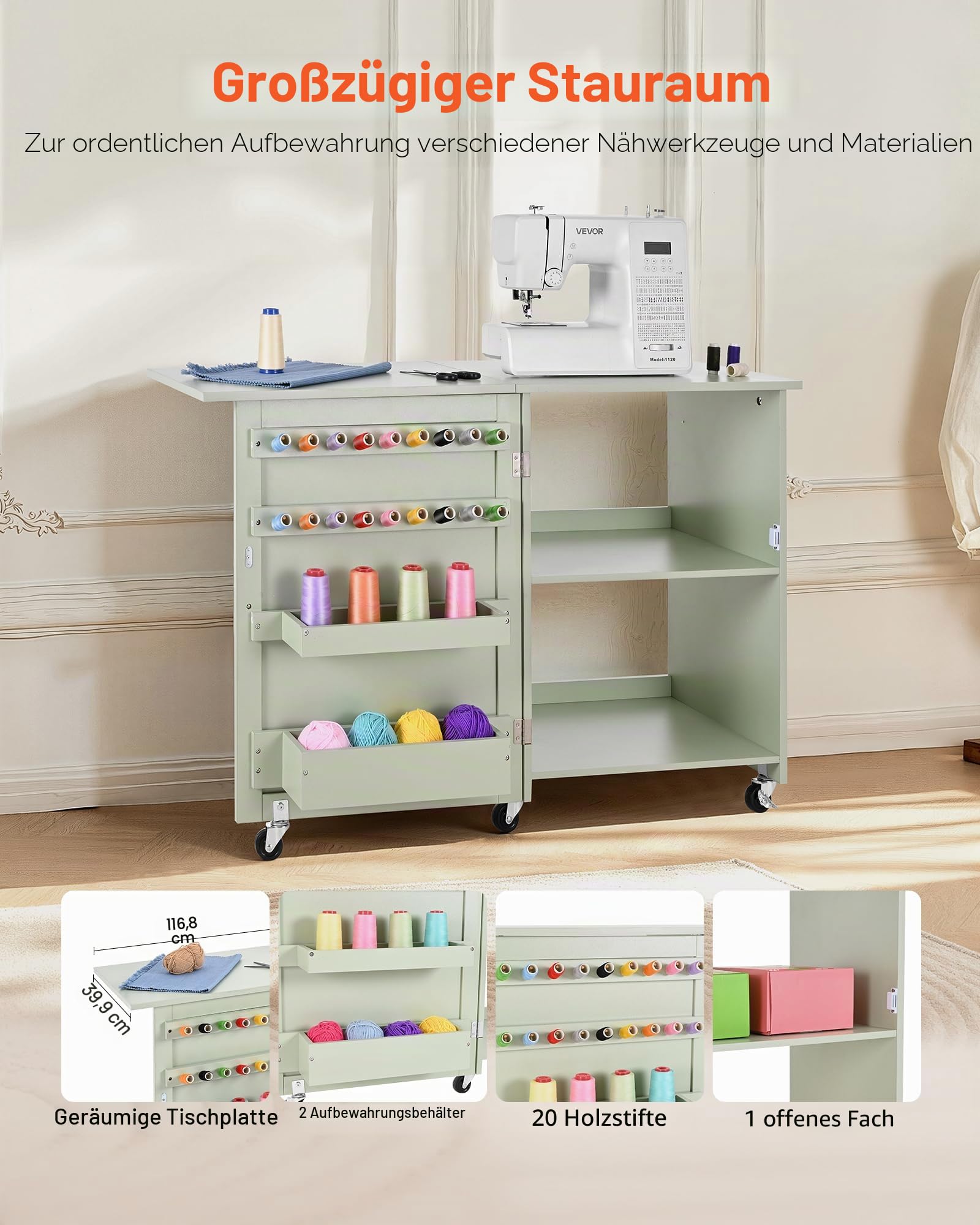 VEVOR klappbarer Nähtisch Nähmaschinentisch mit kompaktem Design & Ablagefächern & Holzklammern & magnetischem Türschloss, Mehrzwecktisch für Modestudio Kunststudio Zuhause, Hellgrün