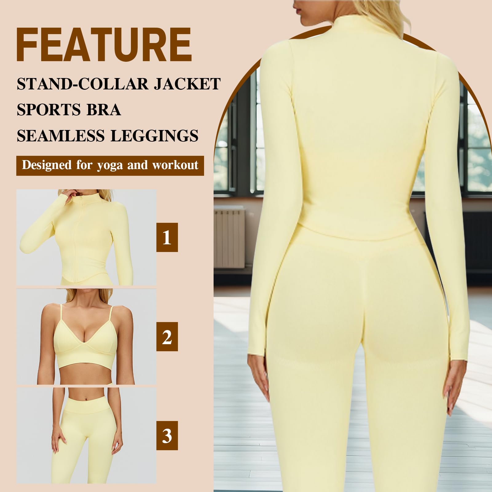 Ensemble Yoga 3 Pièces Femme – Haut Zippé À Manches Longues + Leggings + Soutien-gorge Sport, Extensible Coupe Ajustée Toucher Lisse