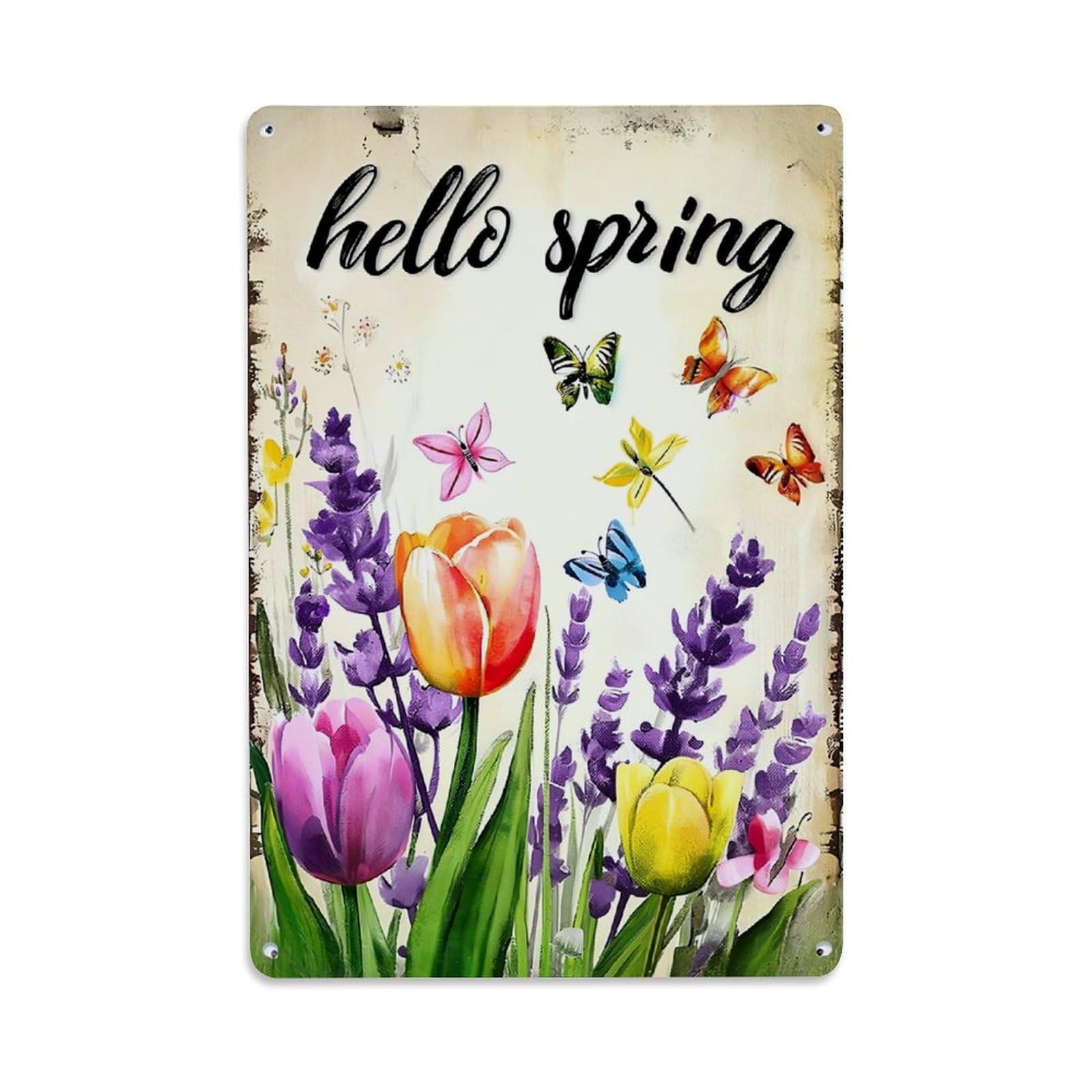 Jdfenggu Vintage Hello Spring Floral Butterfly Pattern Retro Metal Tin Sign, Metal Poster For Bar, Home, Man Cave, Kitchen, Laundry Room Art Decor 8X12 Inch
